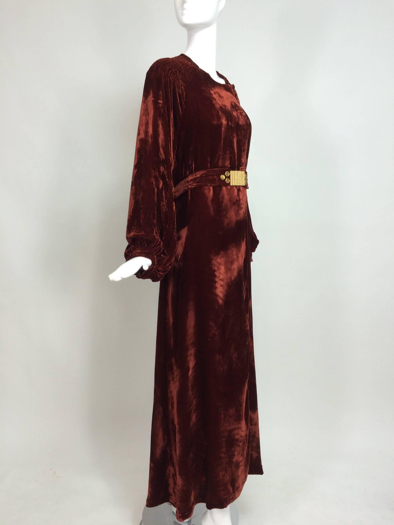 Women's Vintage garnet smocked silk velvet evening robe 1930s 