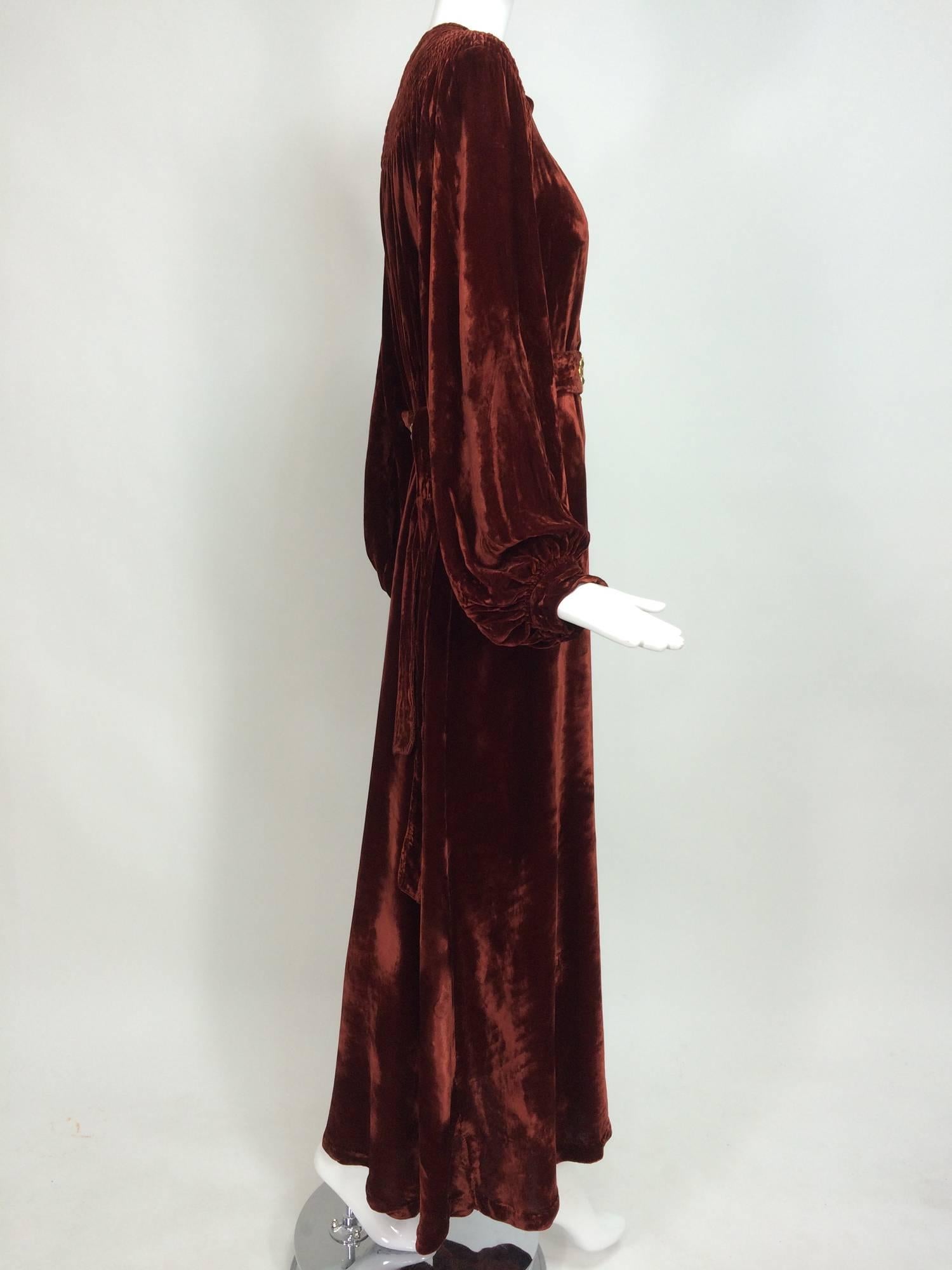 Vintage garnet smocked silk velvet evening robe 1930s  1