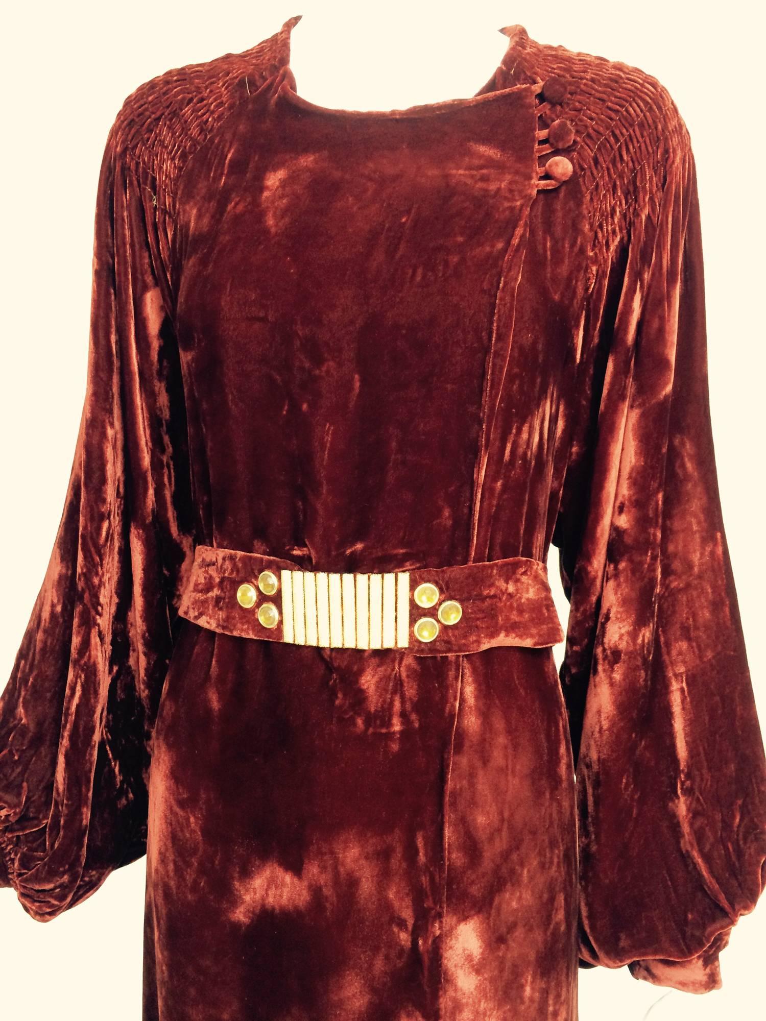 Vintage garnet smocked silk velvet evening robe 1930s  3