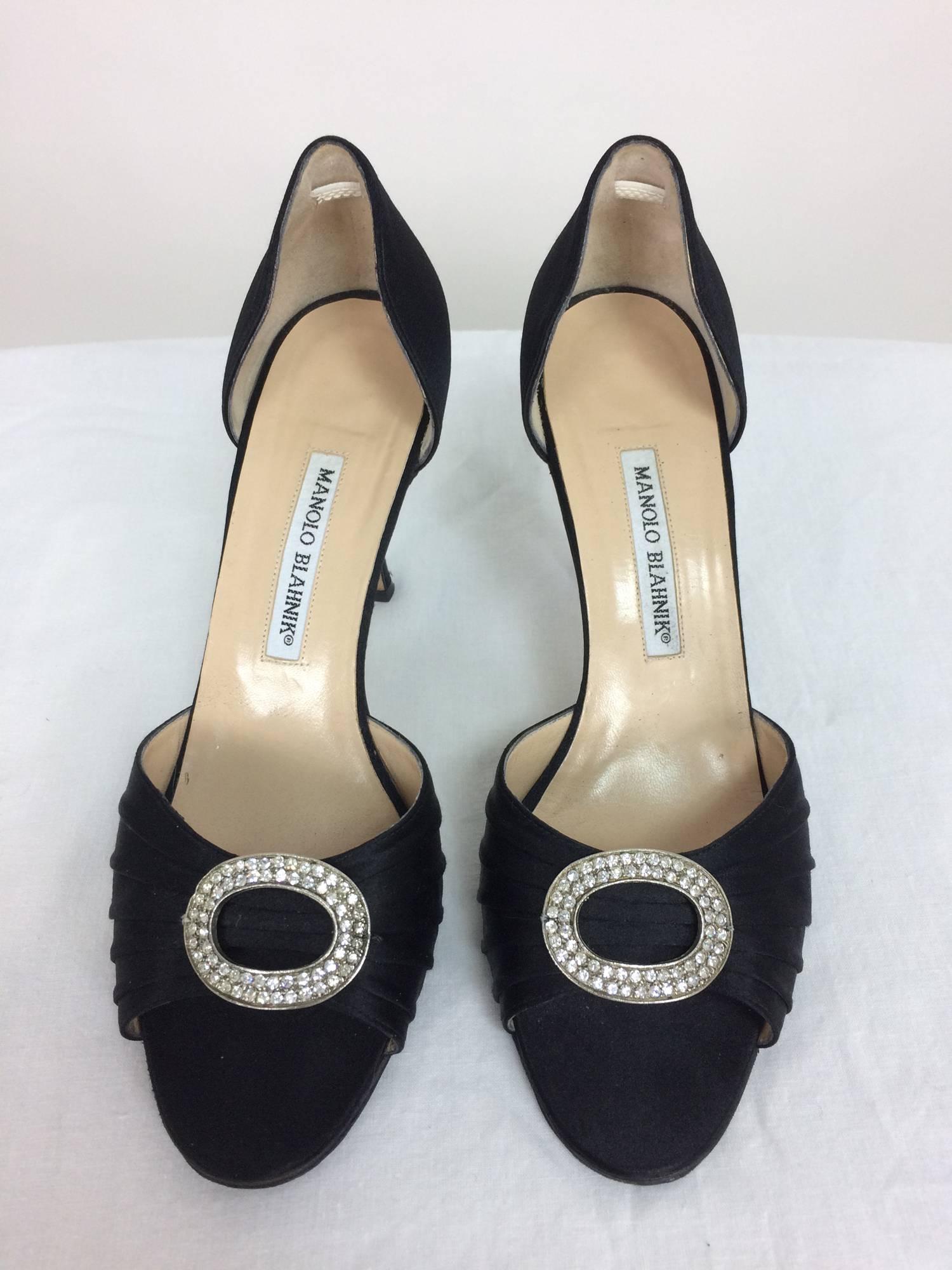 Manolo Blahnik black silk rhinestone buckle open toe d'orsay high heel pumps 40M...3