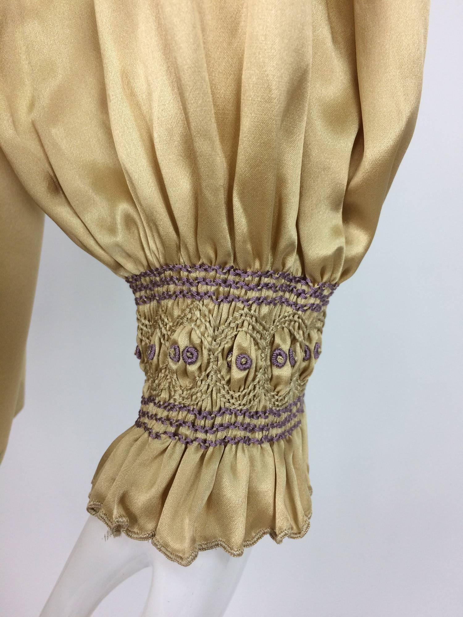 Vintage Pierre Cardin intricately embroidered gold silk satin blouse 1979 In Excellent Condition In West Palm Beach, FL