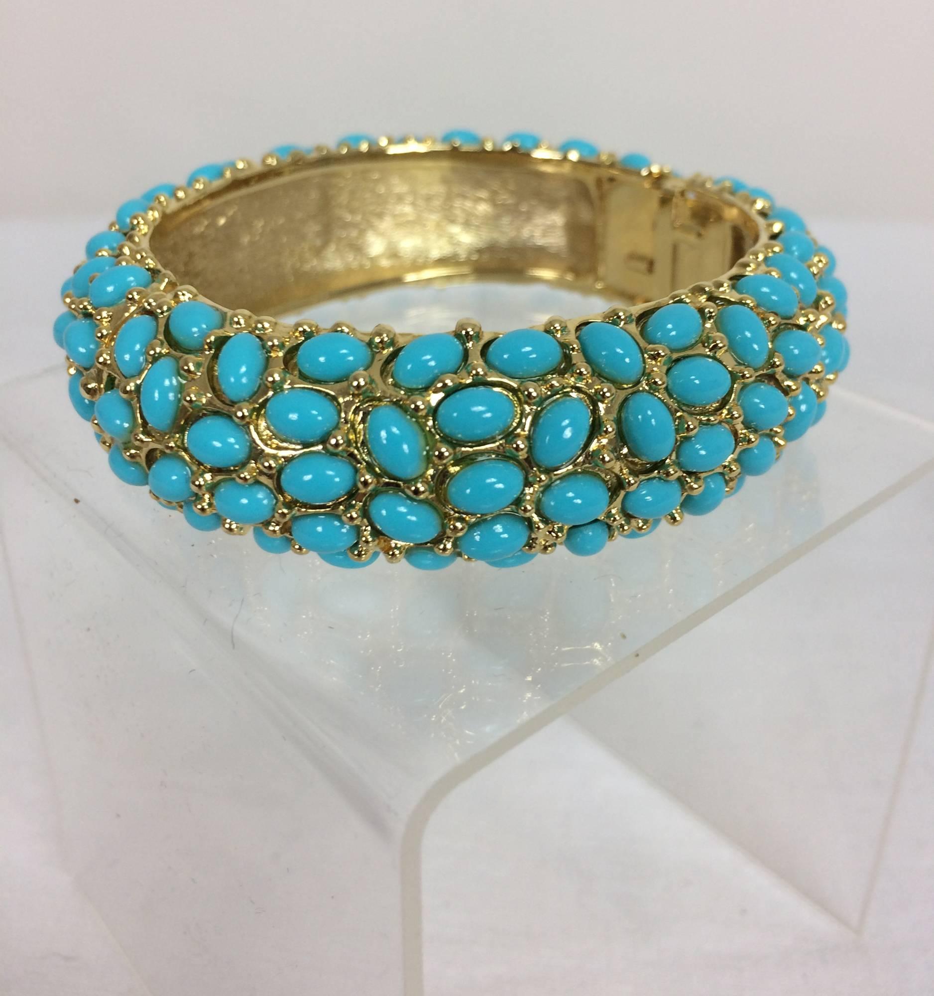 Kenneth Lane turquoise cabochon encrusted gold clamper bracelet In Good Condition In West Palm Beach, FL