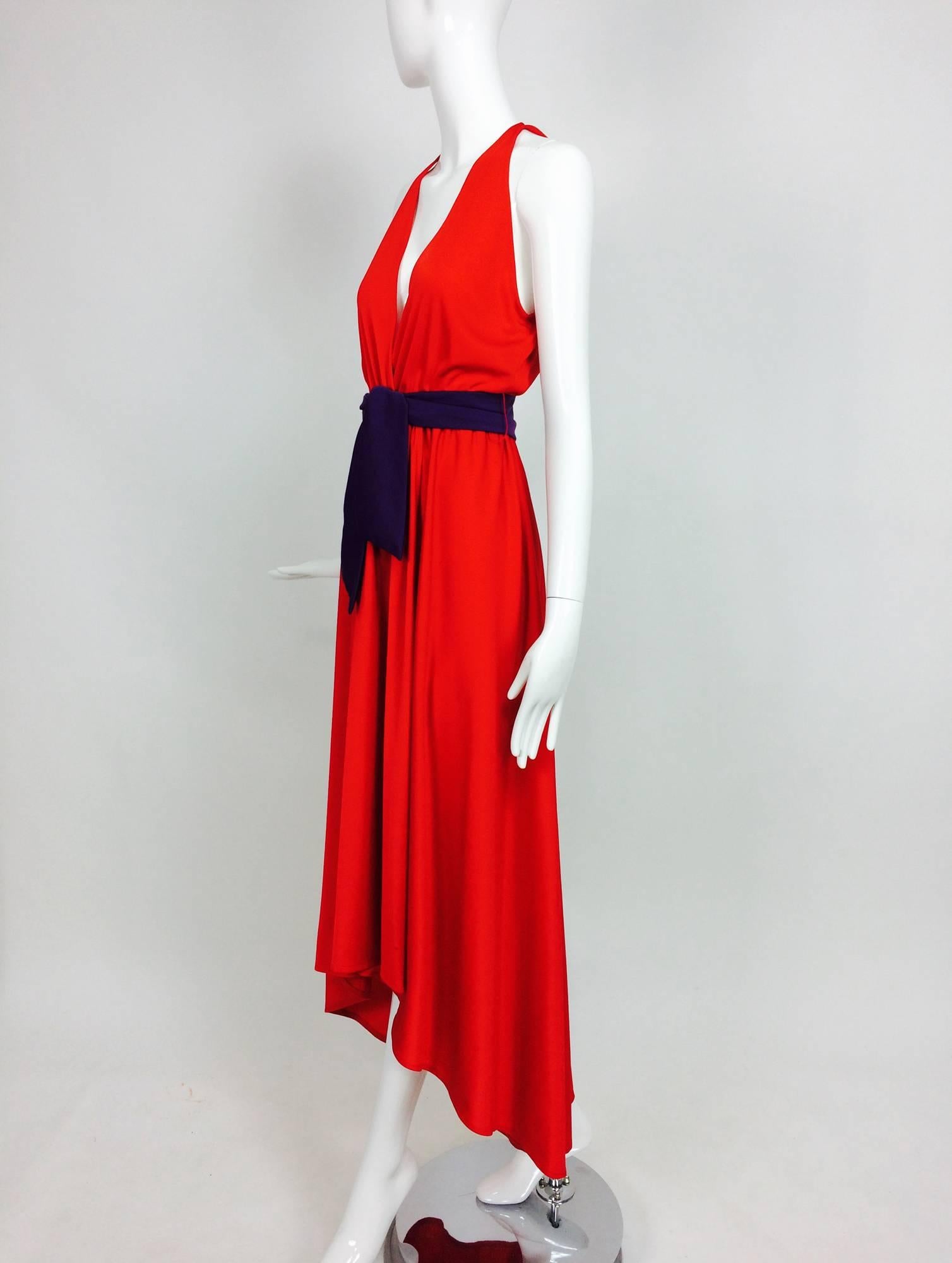 Red Vintage Halston silky red & purple jersey plunge wrap high low hem dress 1980s