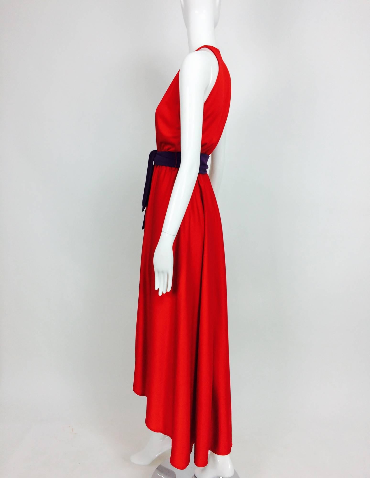 Vintage Halston silky red & purple jersey plunge wrap high low hem dress 1980s In Excellent Condition In West Palm Beach, FL