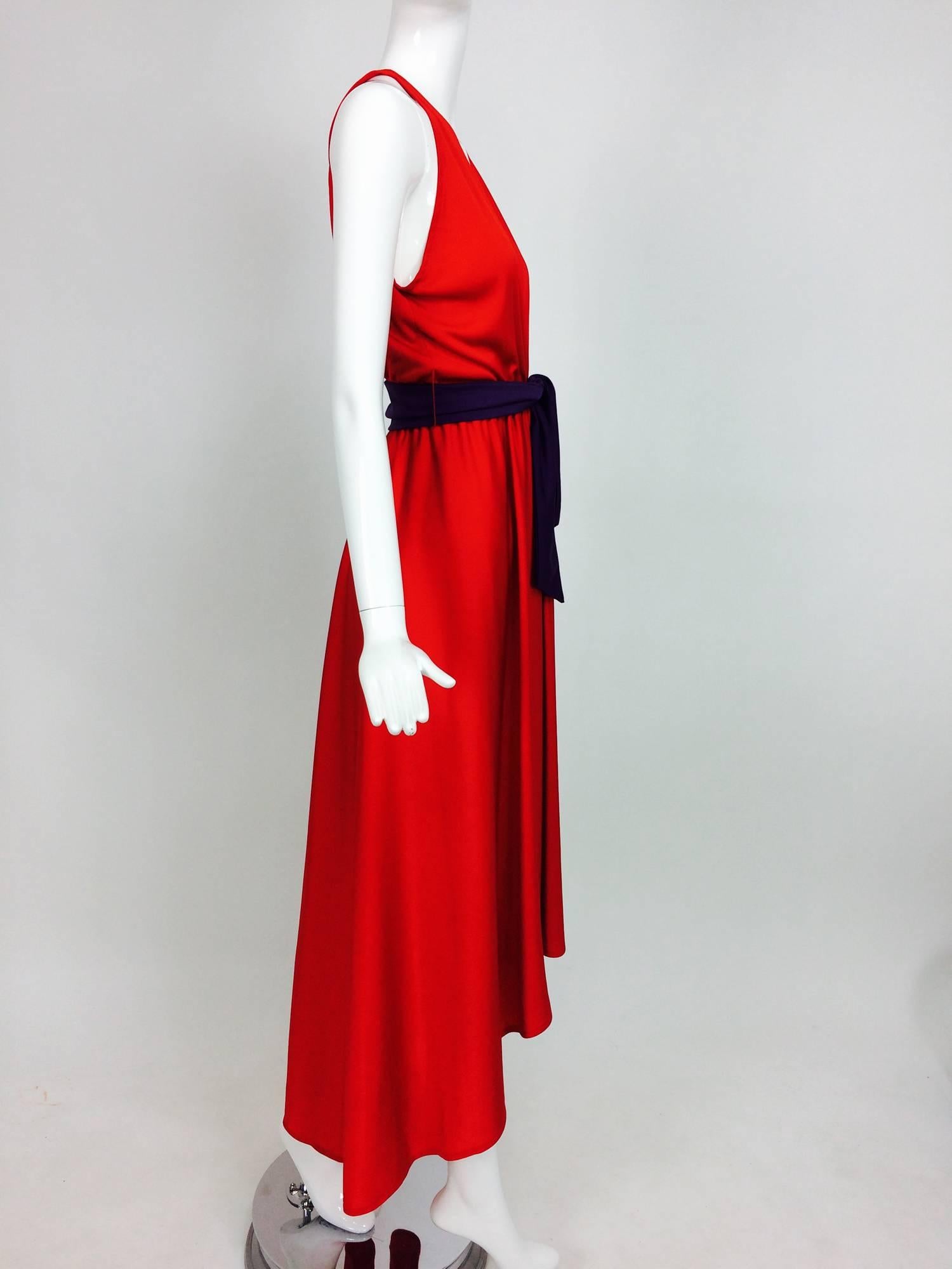 Vintage Halston silky red & purple jersey plunge wrap high low hem dress 1980s 3