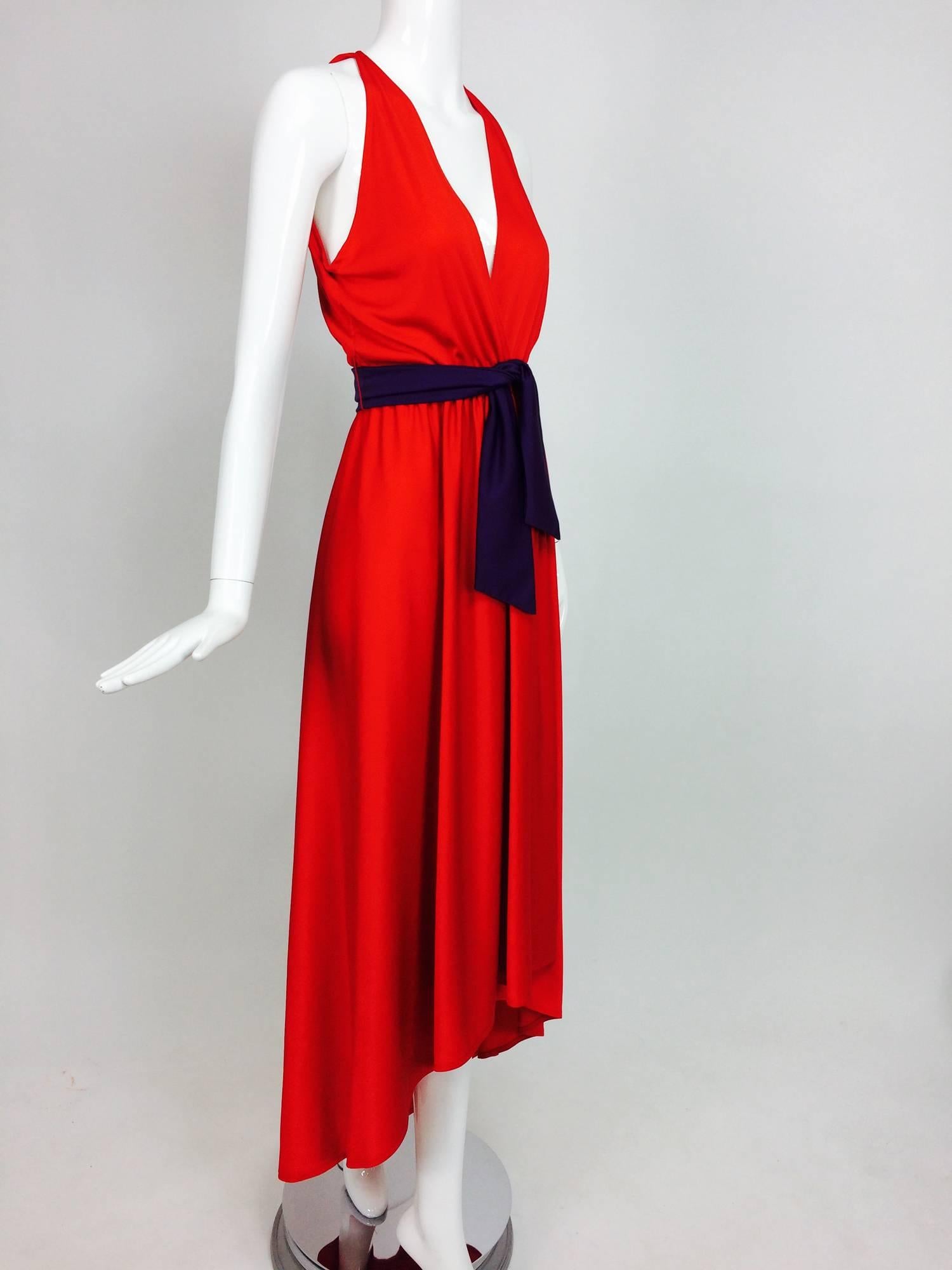Vintage Halston silky red & purple jersey plunge wrap high low hem dress 1980s 4