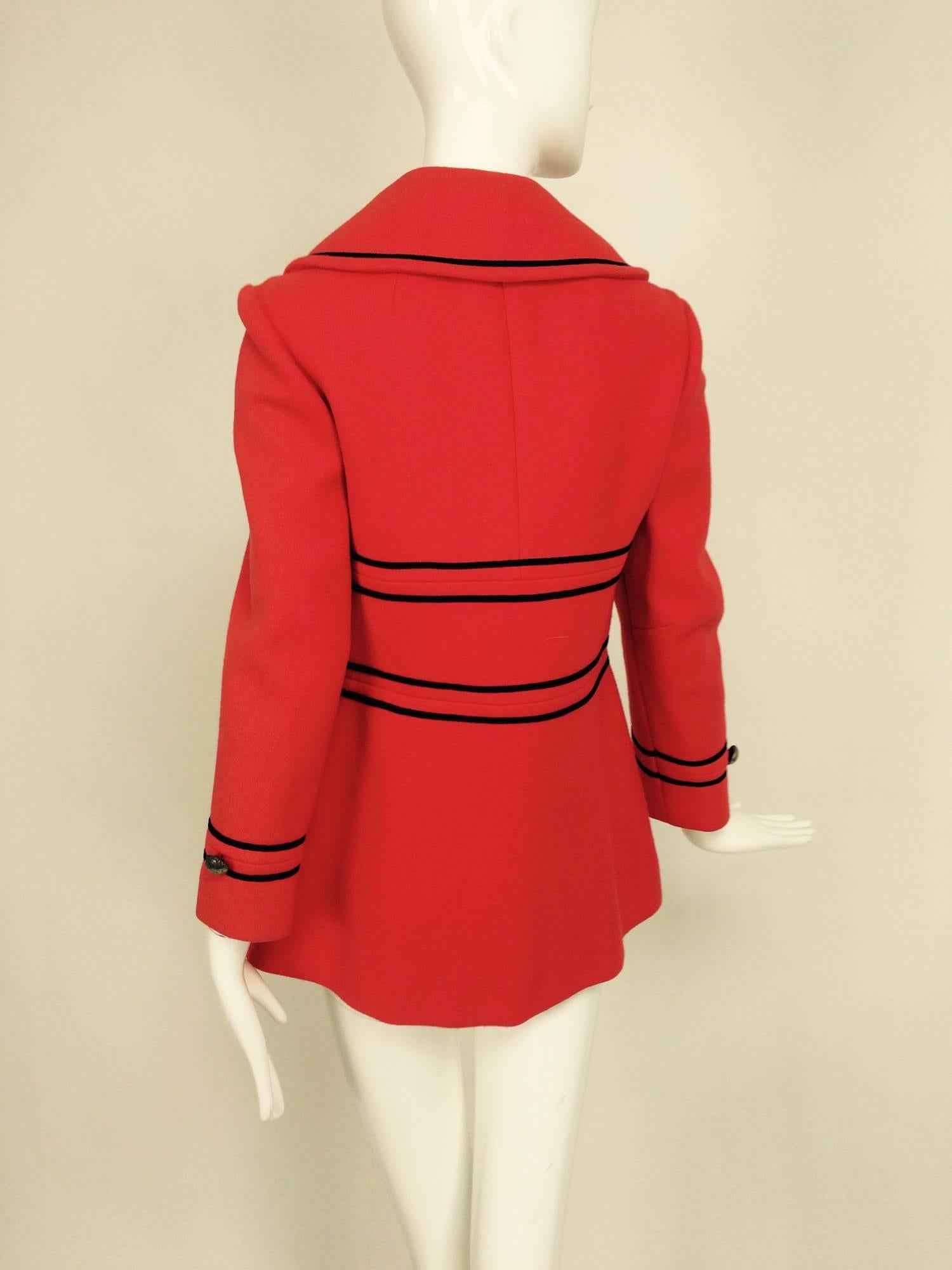 Tomato red wool military style pea coat Junior Gallery 1960s In Excellent Condition In West Palm Beach, FL