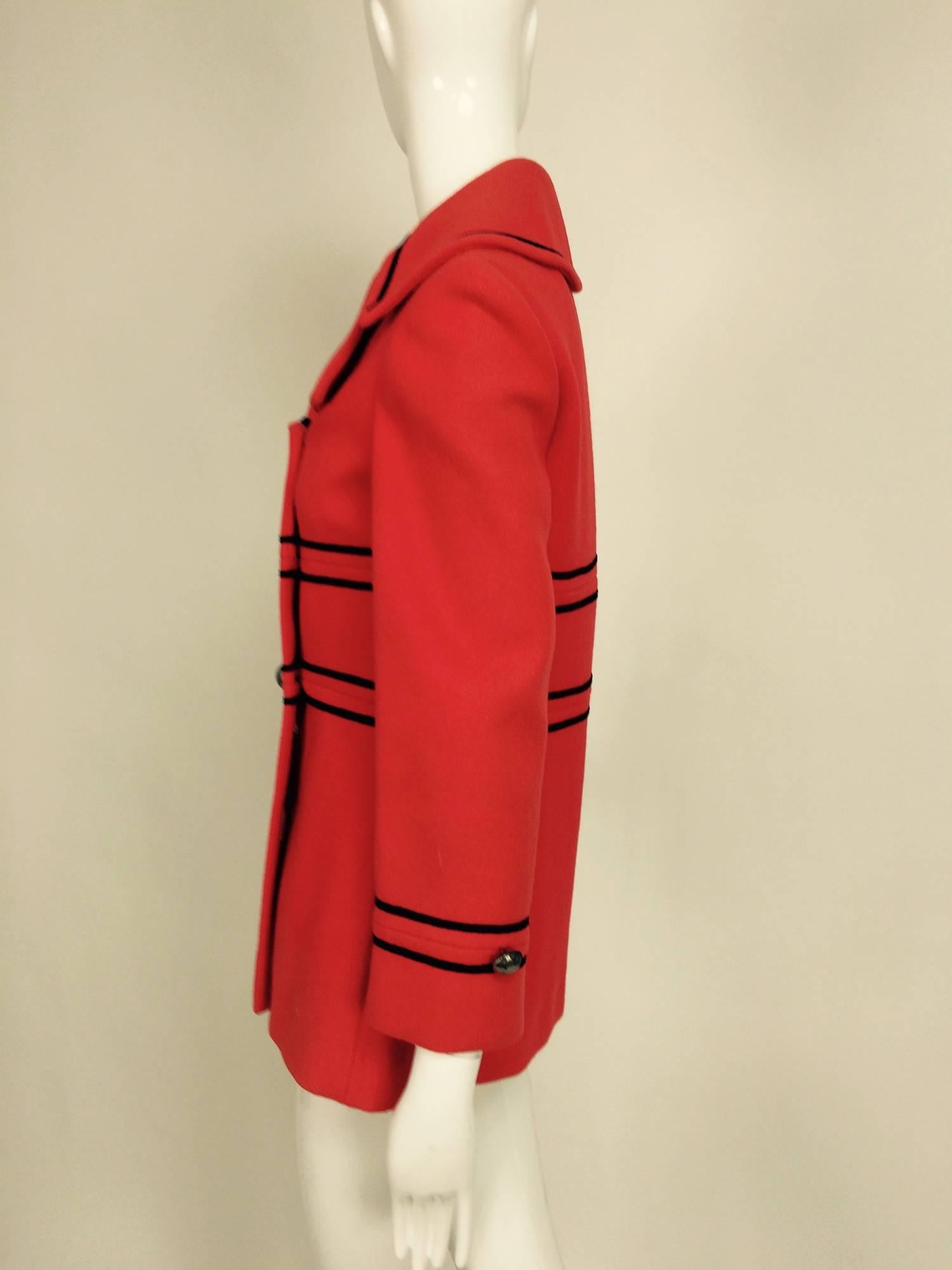 Women's Tomato red wool military style pea coat Junior Gallery 1960s