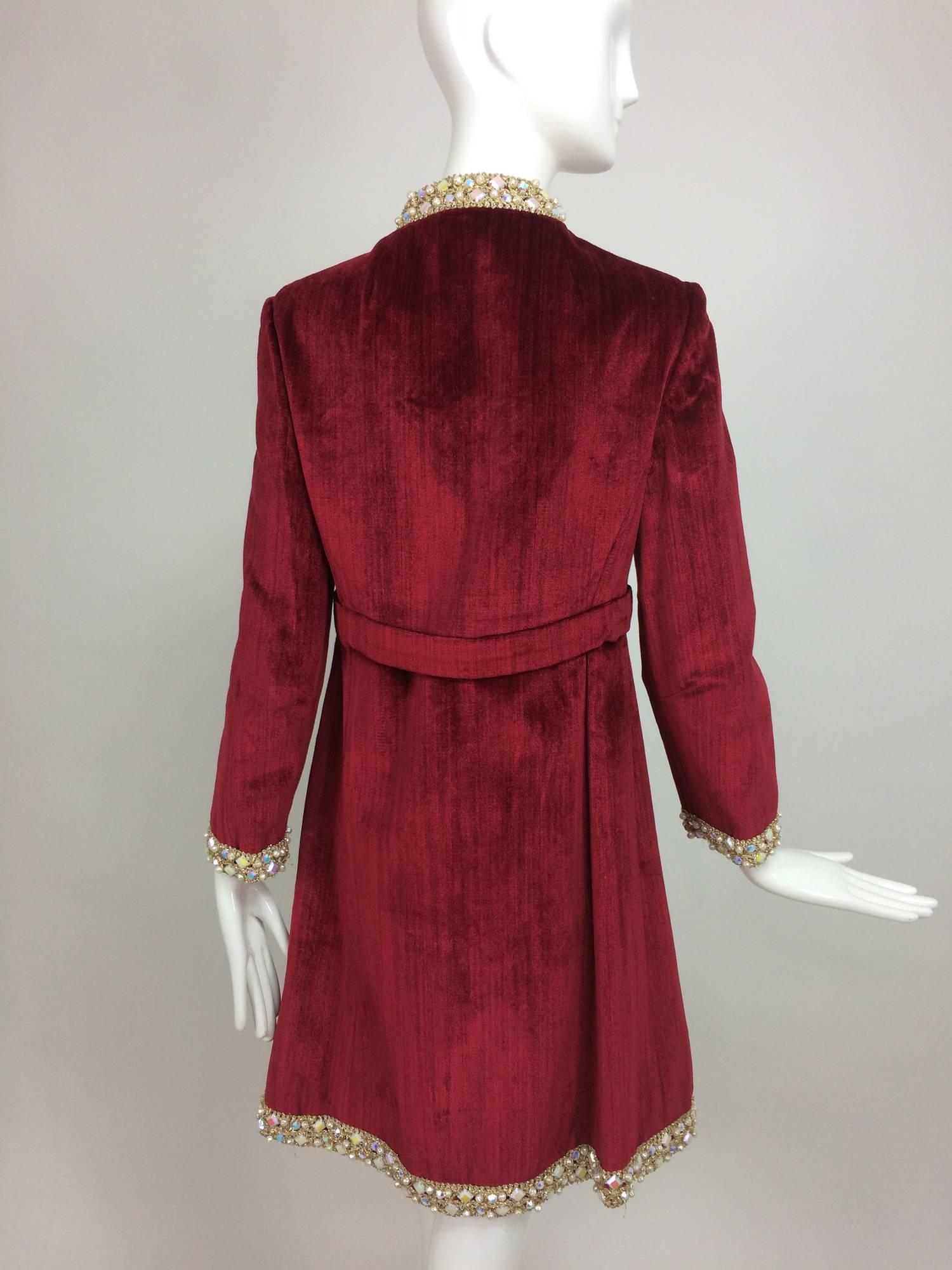 Red Garnet red silky cotton velvet jewel trim Mod dress 1960s