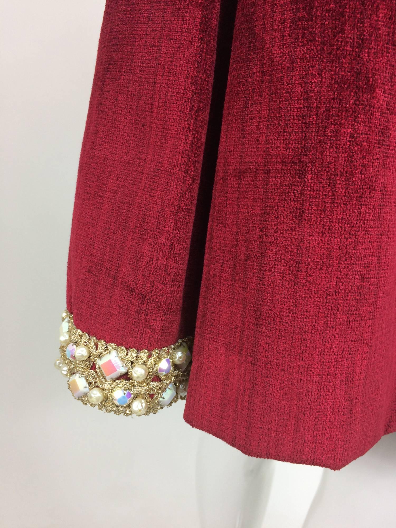 Garnet red silky cotton velvet jewel trim Mod dress 1960s 2