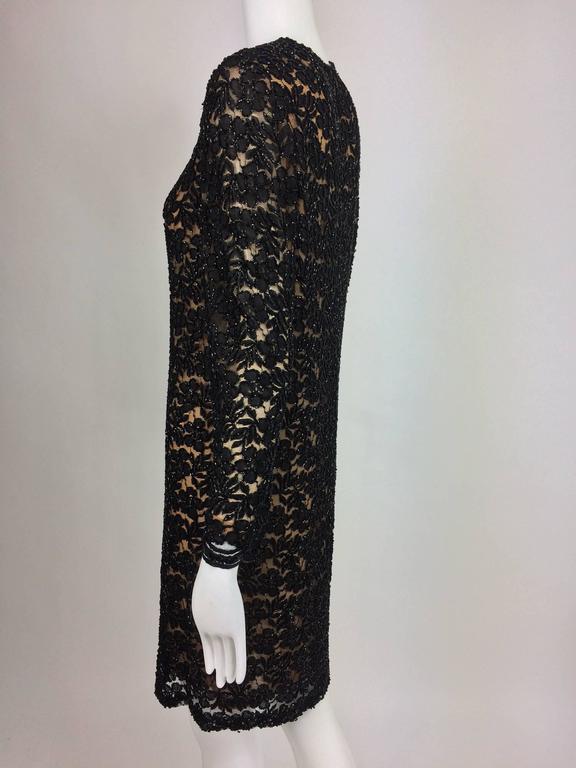 Vintage mod style beaded black floral lace nude lined cocktail dress ...