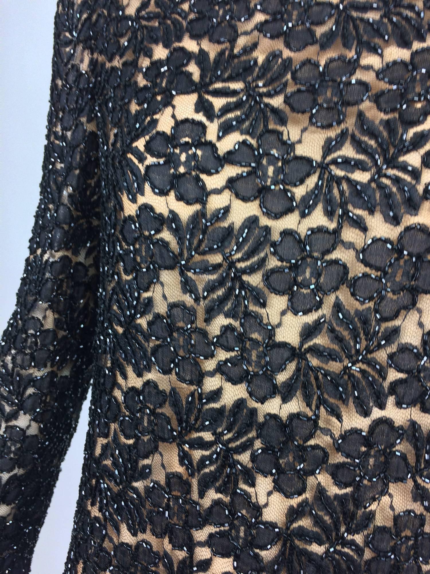 Vintage mod style beaded black floral lace nude lined cocktail dress 1960s In Excellent Condition In West Palm Beach, FL