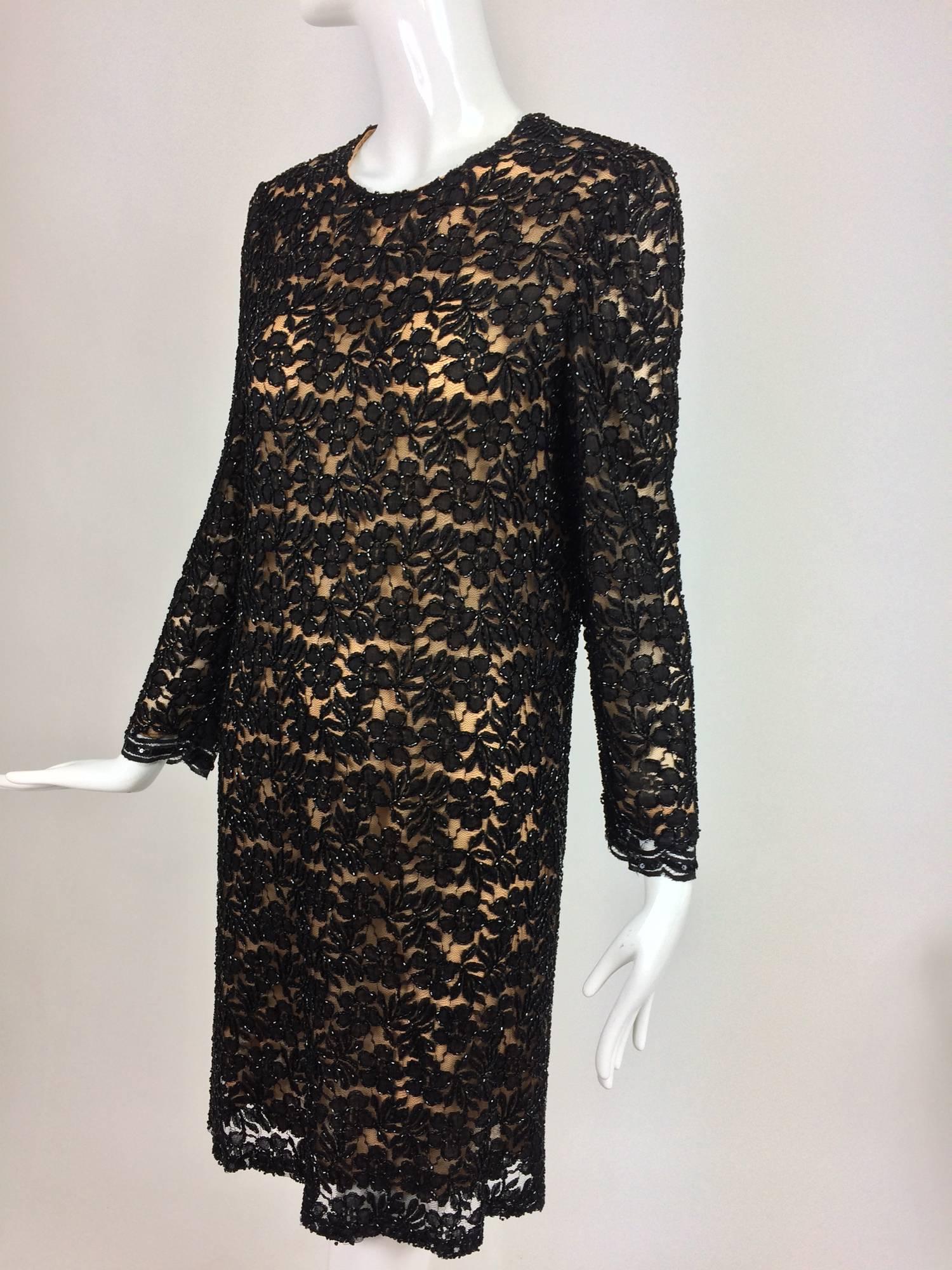 Women's Vintage mod style beaded black floral lace nude lined cocktail dress 1960s