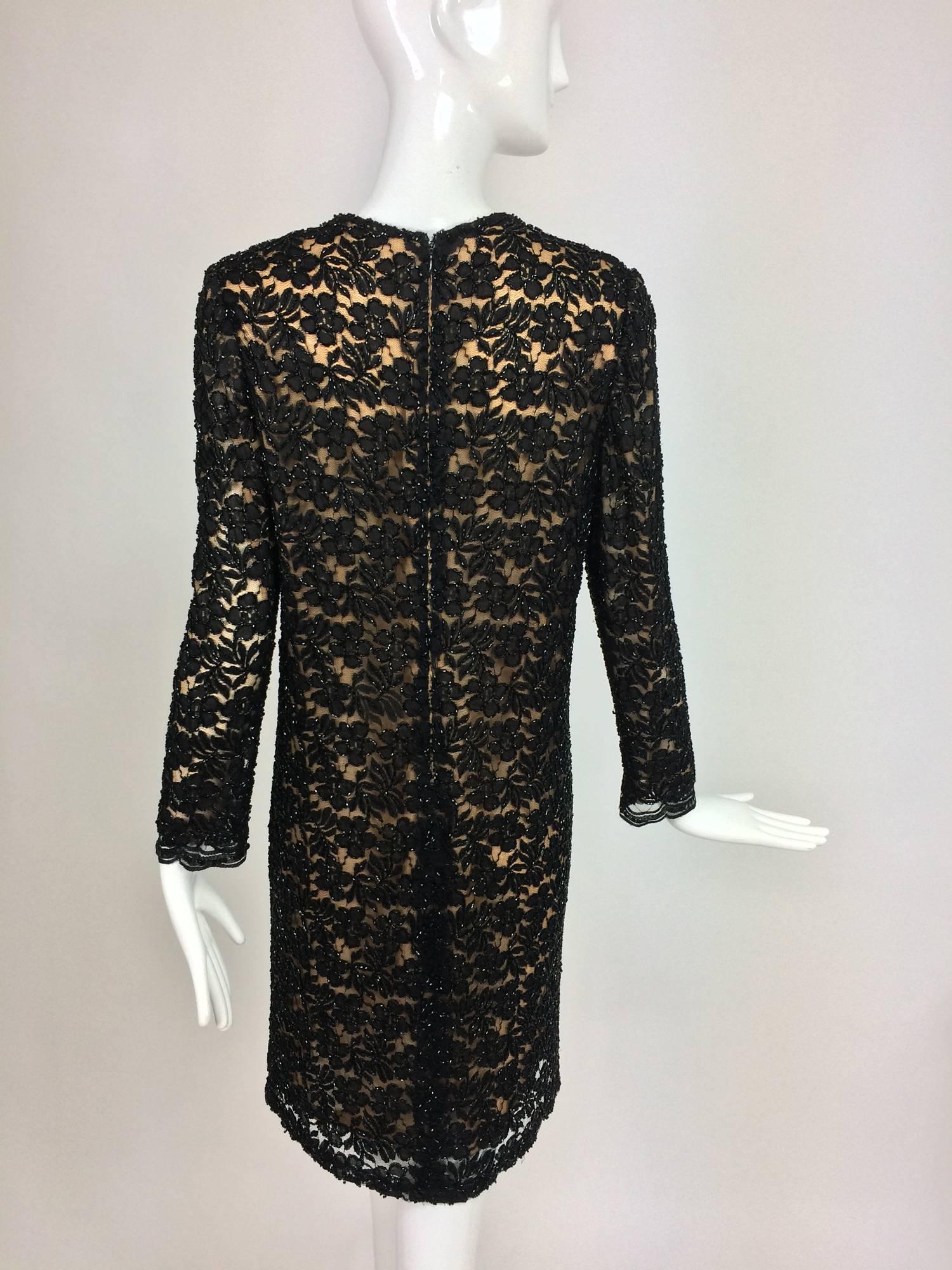 Vintage mod style beaded black floral lace nude lined cocktail dress 1960s 1