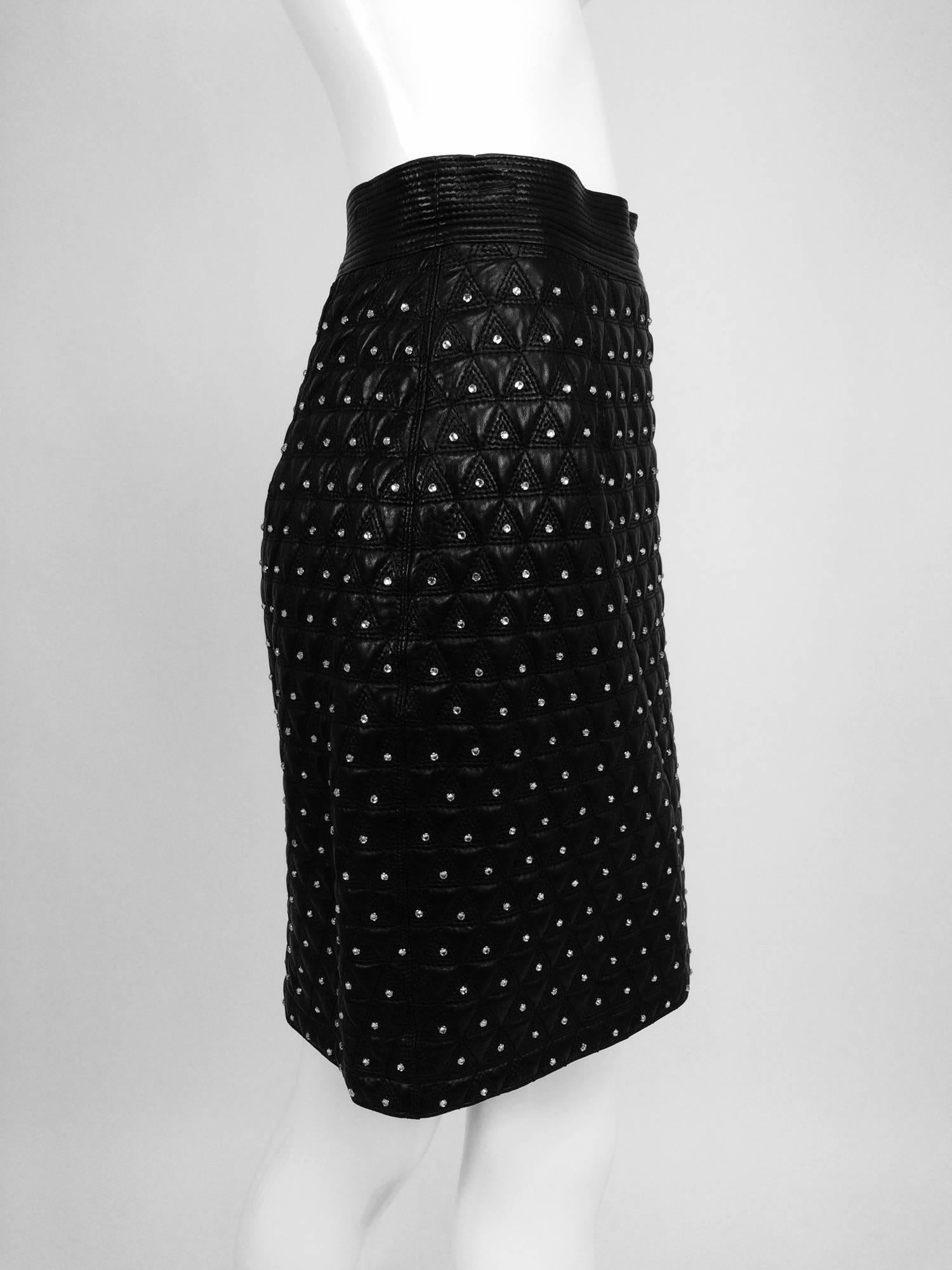 Black Gianni Versace Quilted black leather & rhinestone skirt 1980s