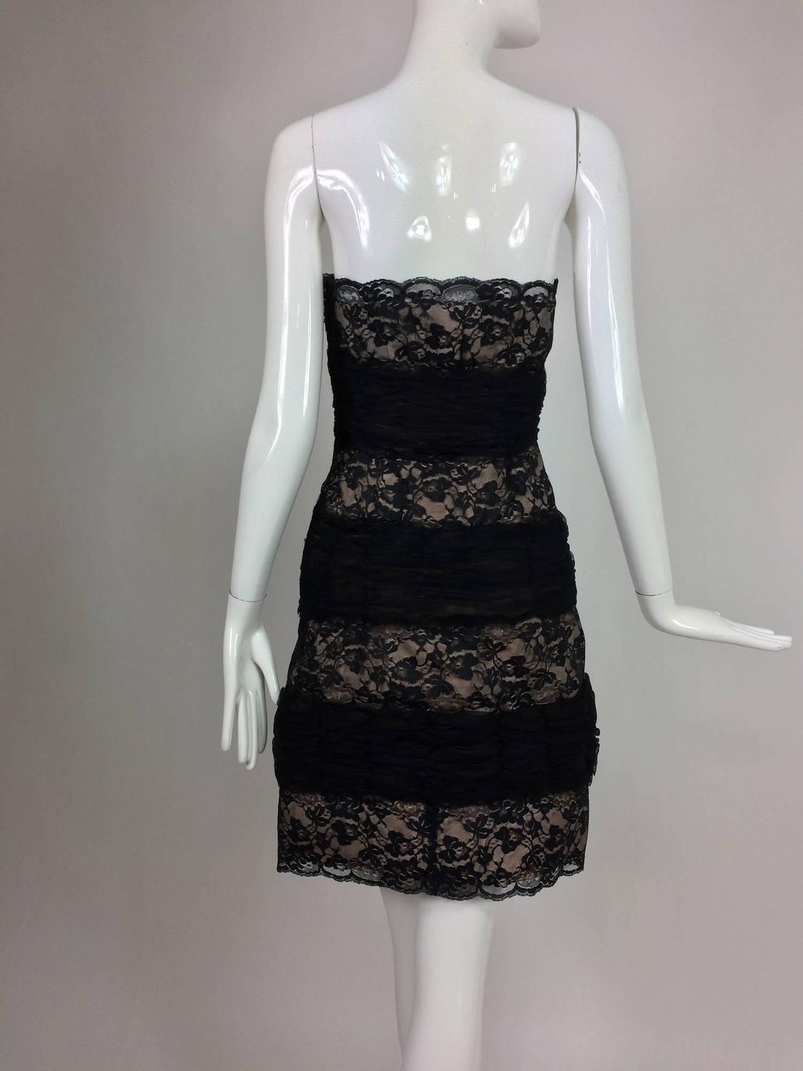 Arnold Scaasi black lace and tulle nude lined strapless cocktail dress ...