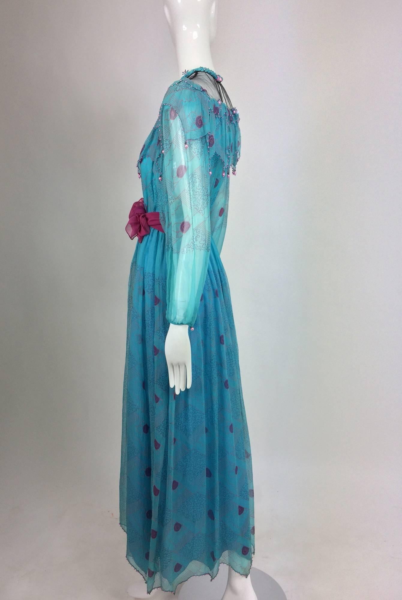 Blue Zandra Rhodes printed turquoise silk chiffon beaded dress marked sample 1970s
