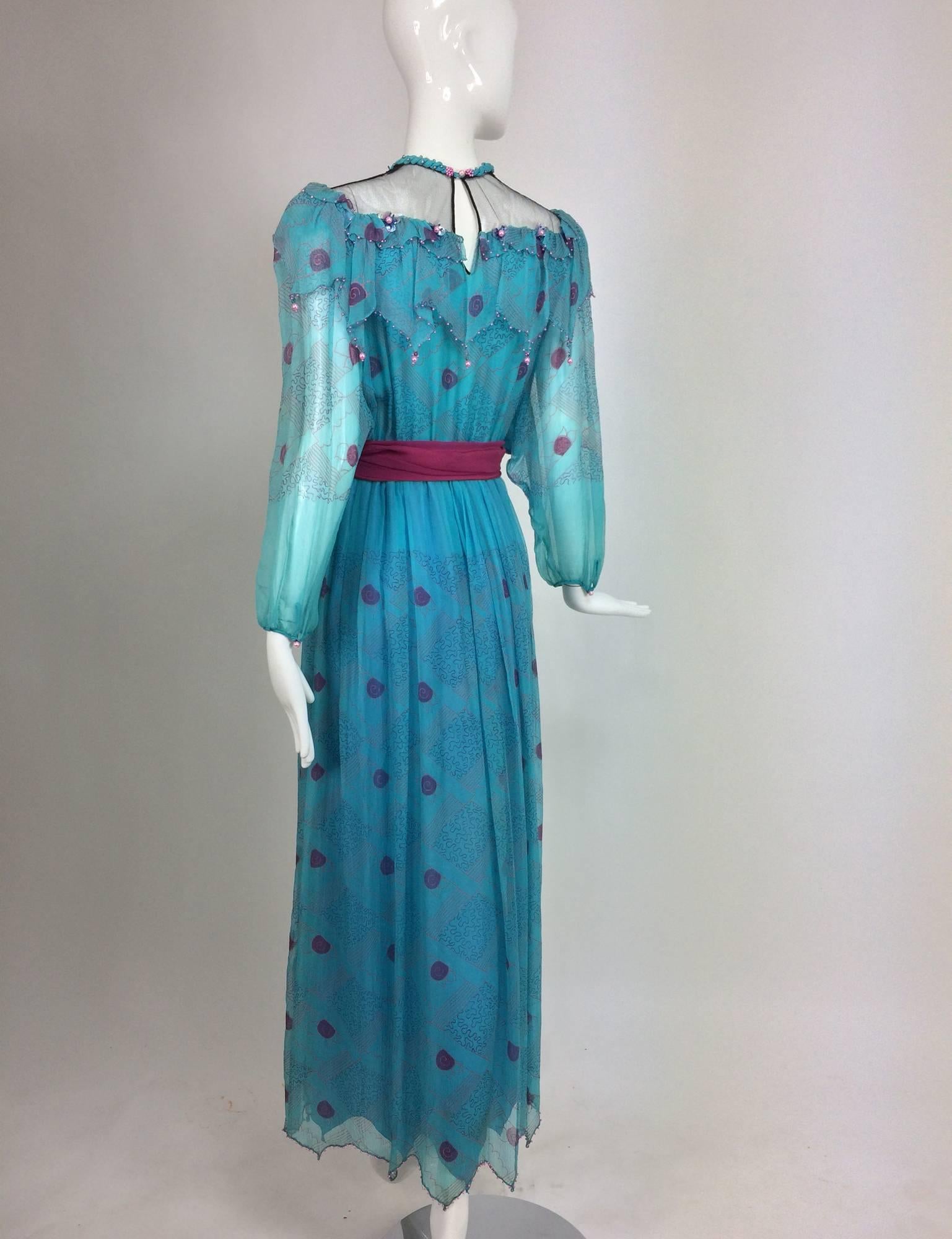 Zandra Rhodes printed turquoise silk chiffon beaded dress marked sample 1970s In Excellent Condition In West Palm Beach, FL