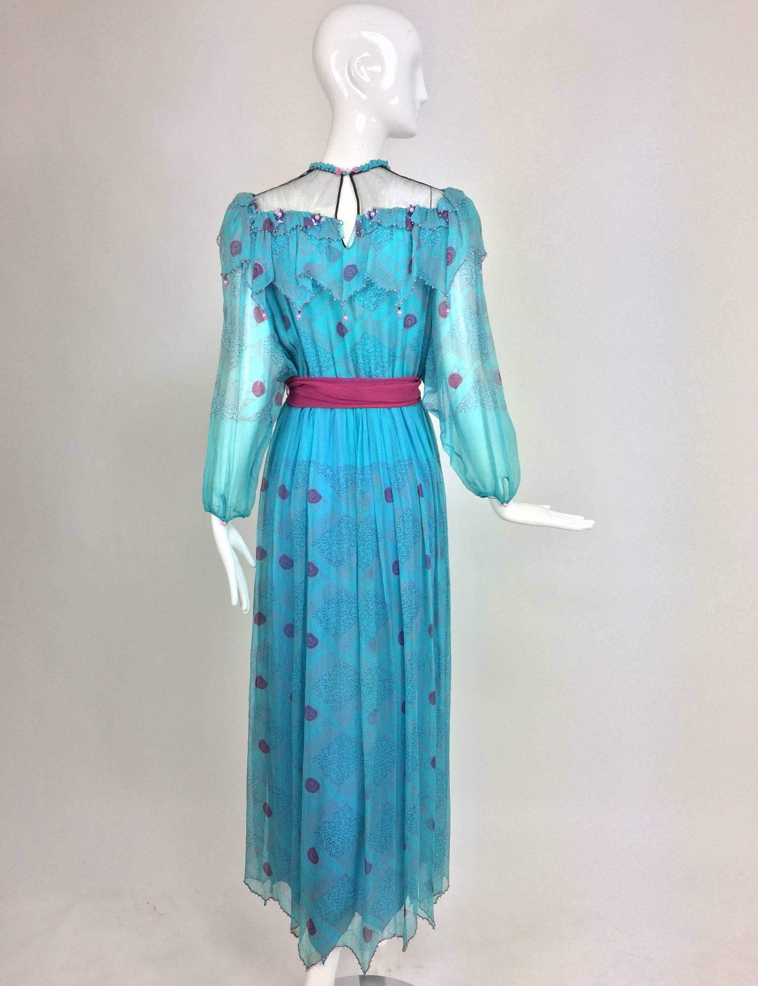 Women's Zandra Rhodes printed turquoise silk chiffon beaded dress marked sample 1970s