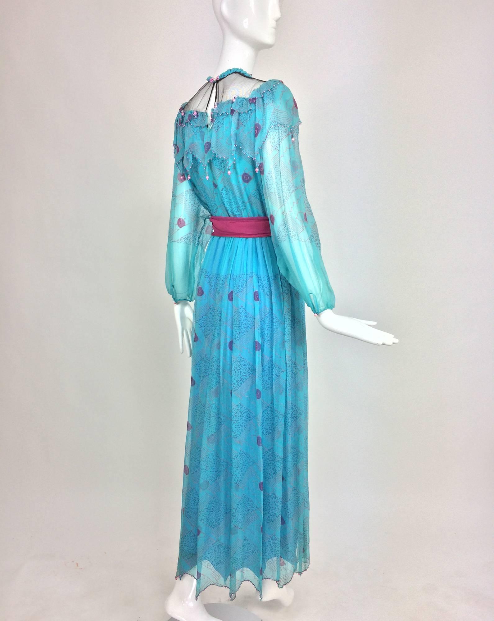 Zandra Rhodes printed turquoise silk chiffon beaded dress marked sample 1970s 1