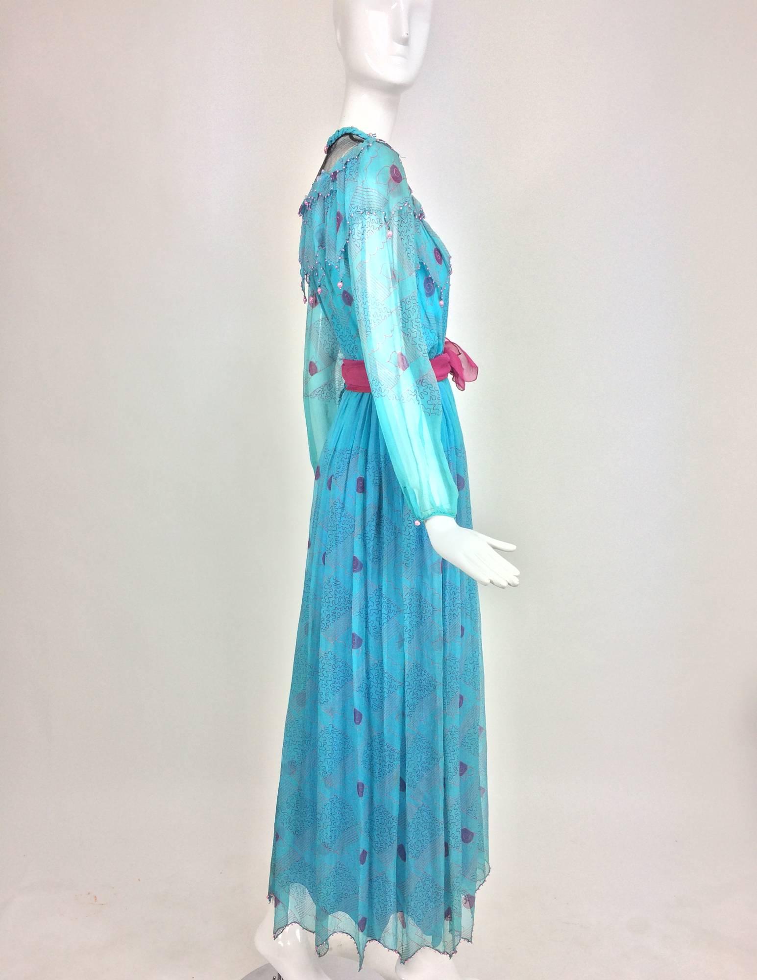 Zandra Rhodes printed turquoise silk chiffon beaded dress marked sample 1970s 2