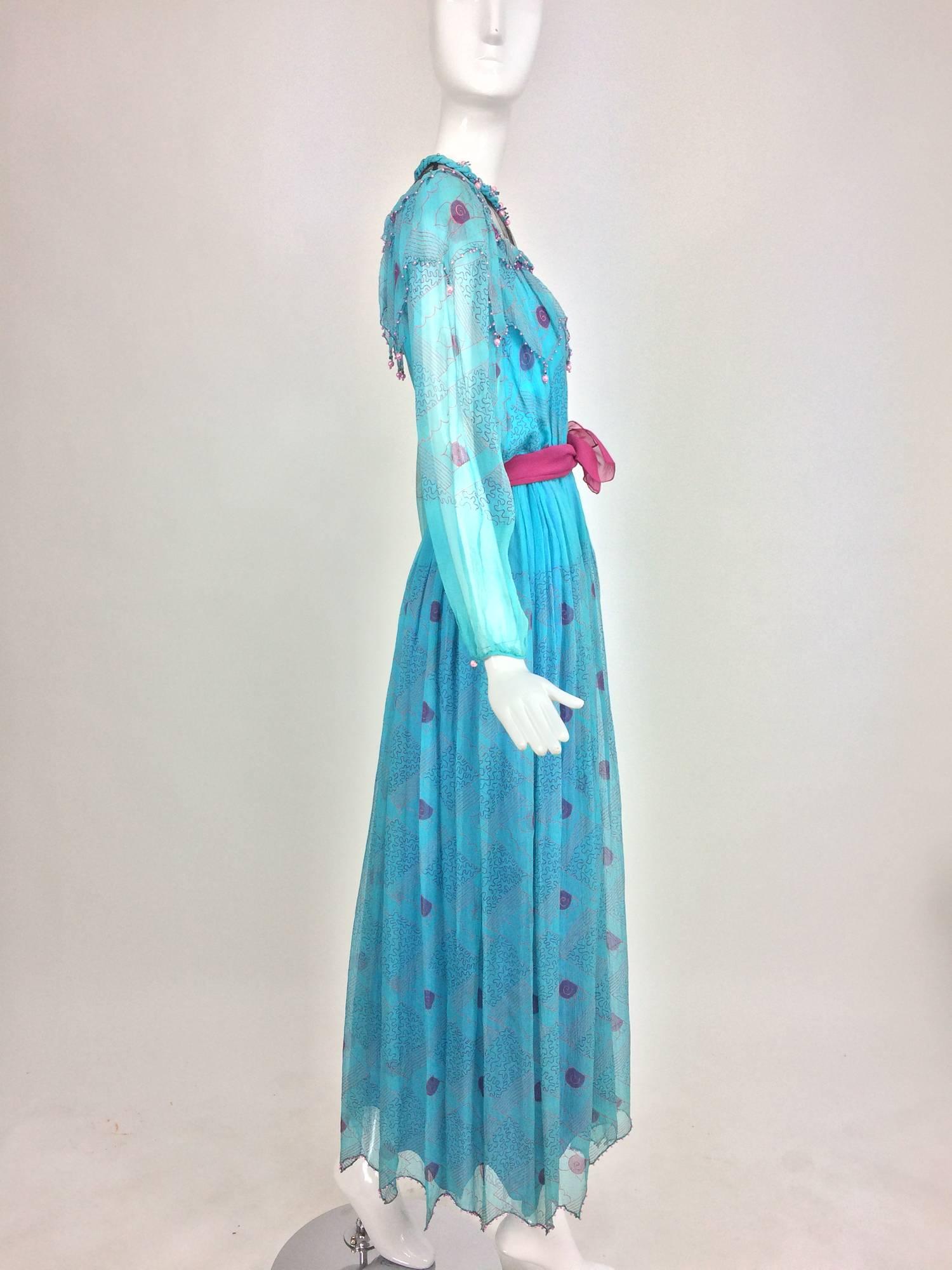 Zandra Rhodes printed turquoise silk chiffon beaded dress marked sample 1970s 3