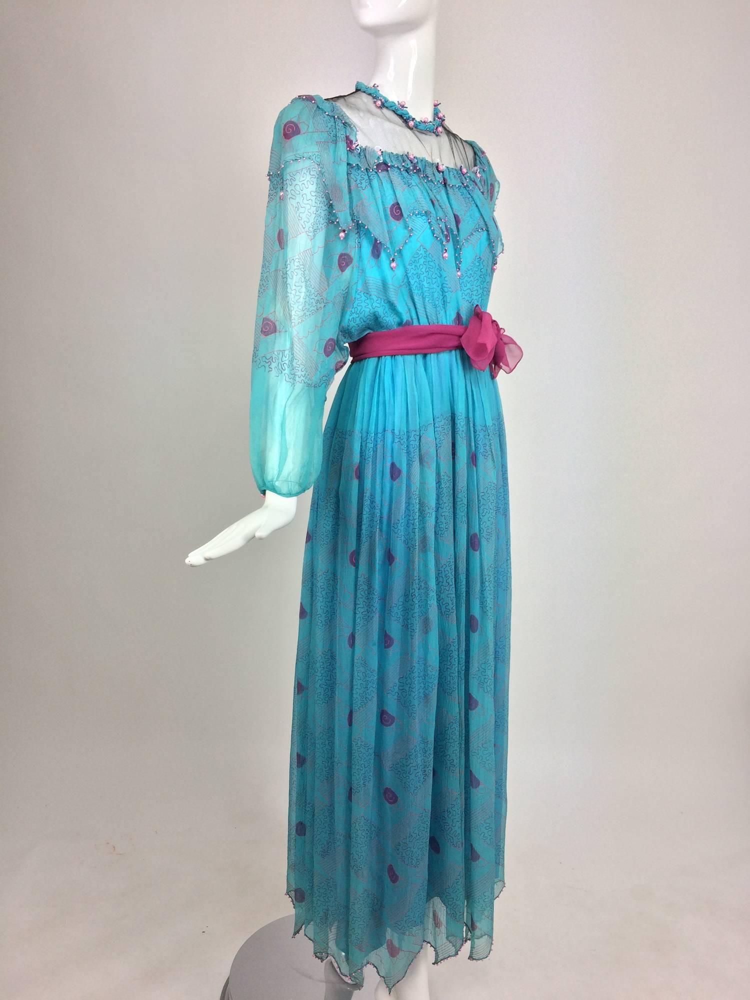 Zandra Rhodes printed turquoise silk chiffon beaded dress marked sample 1970s 4