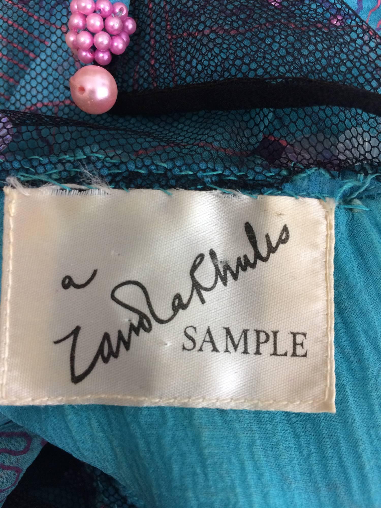 Zandra Rhodes printed turquoise silk chiffon beaded dress marked sample 1970s 5