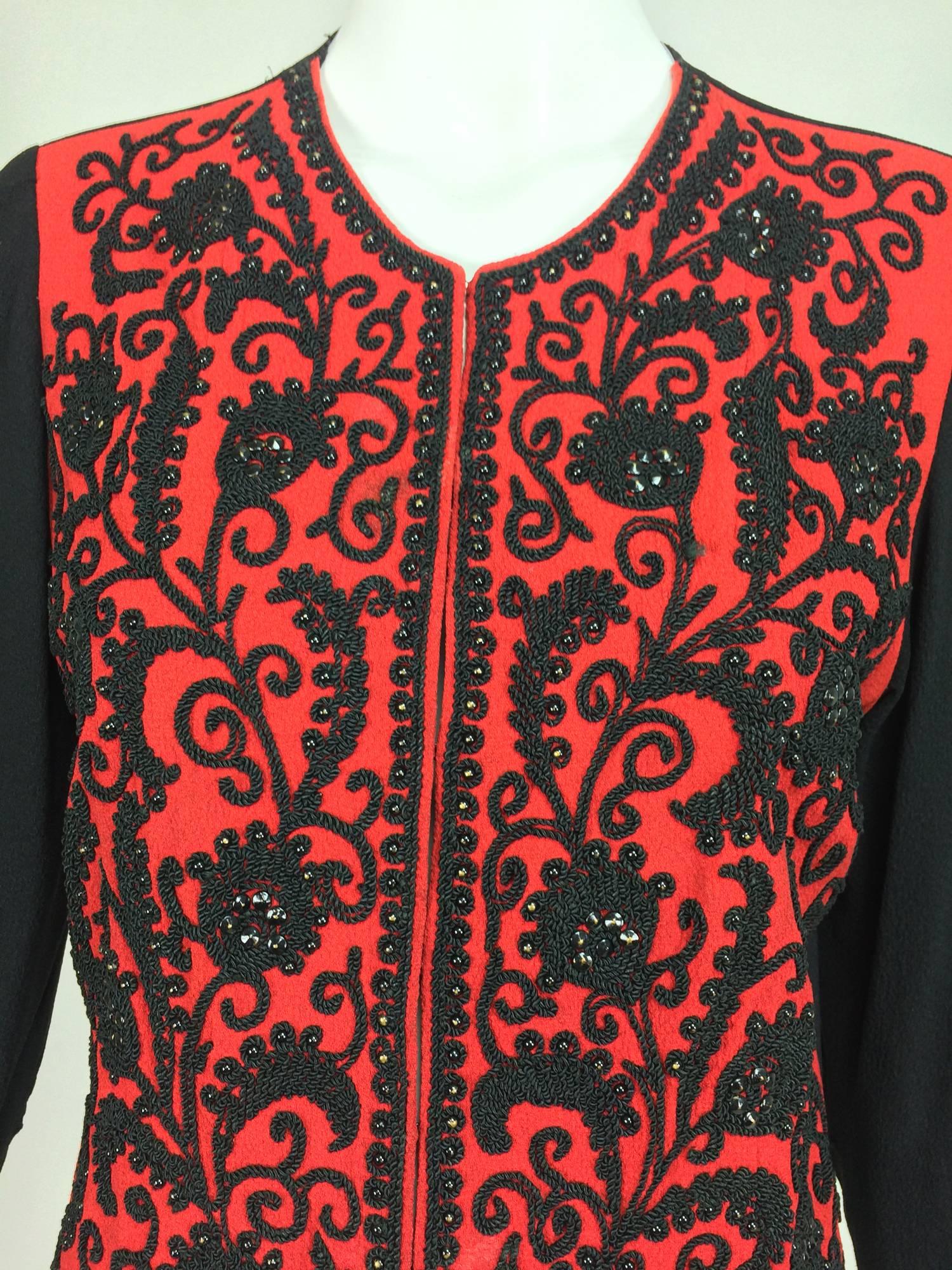 Passementerie, beaded long sleeve jacket in red and black crepe...Stunning jacket from the 30s, the front panels are heavily decorated in black twisted cord and black beads, the black decoration really pops against the red crepe...The sleeves and