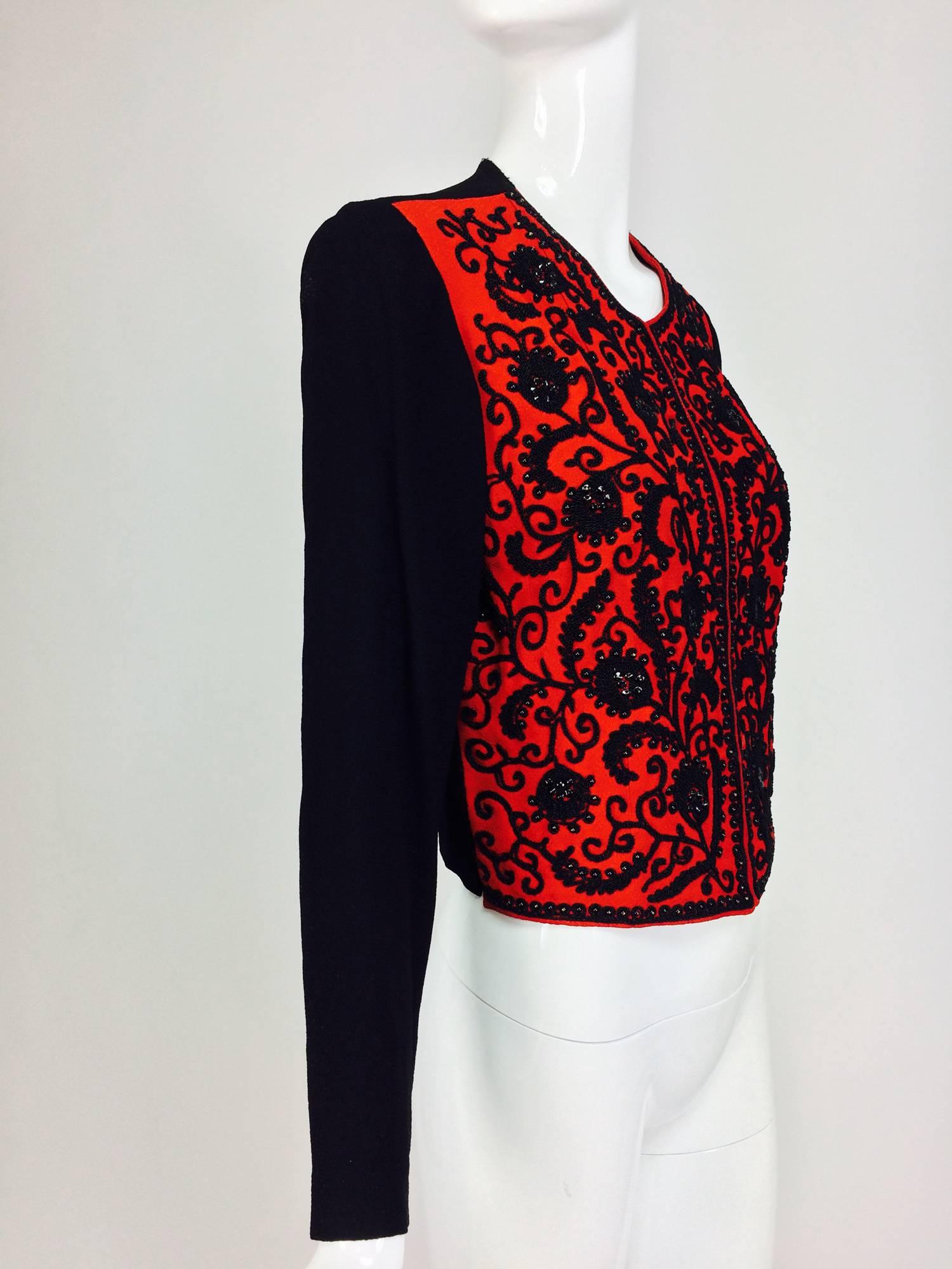 Passementerie beaded long sleeve jacket red & black crepe 1930s In Excellent Condition In West Palm Beach, FL