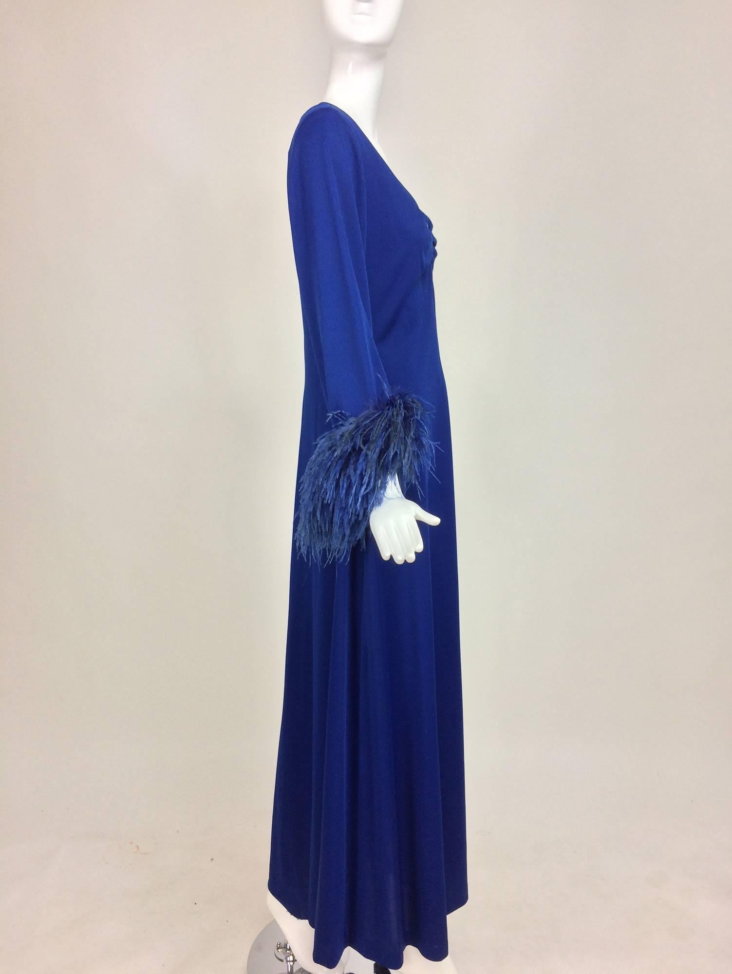 Blue Electric blue feather trimmed Jewel plunge neck maxi dress 1970s size 8