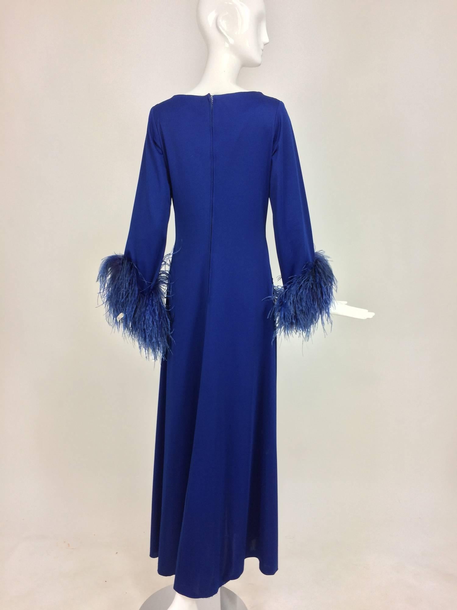 Women's Electric blue feather trimmed Jewel plunge neck maxi dress 1970s size 8