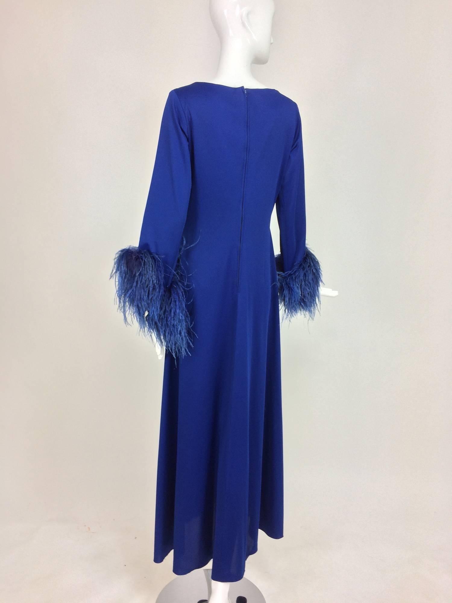 Electric blue feather trimmed Jewel plunge neck maxi dress 1970s size 8 1