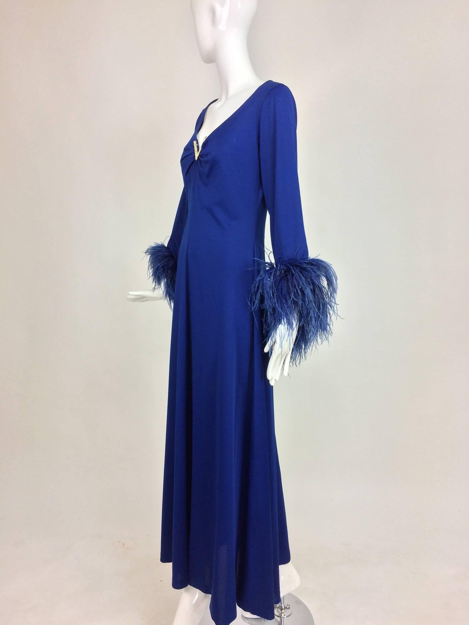 Electric blue feather trimmed Jewel plunge neck maxi dress 1970s size 8 2