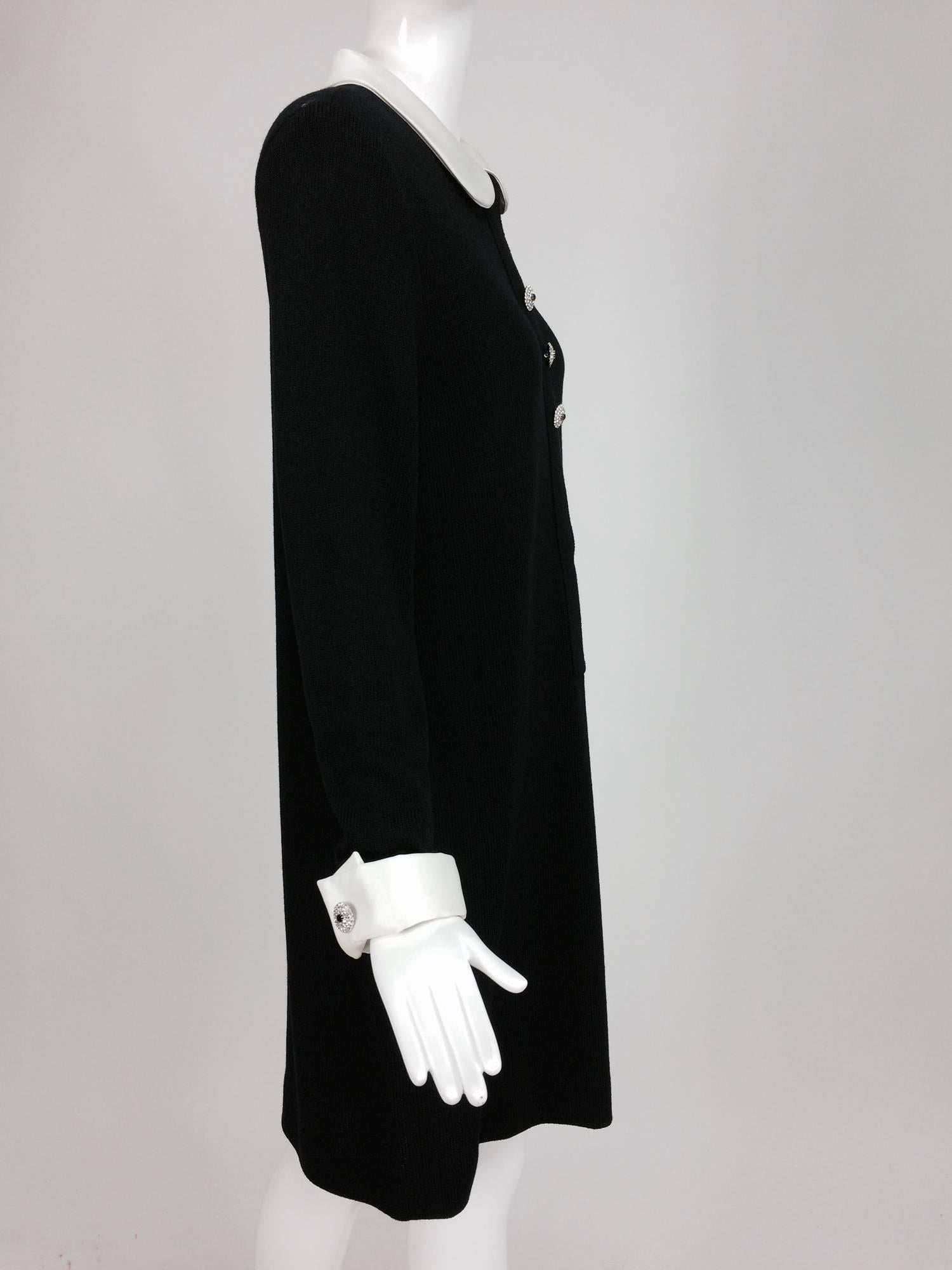 Adolfo black knit A line dress with white satin collar & cuffs 1970s size 12 1