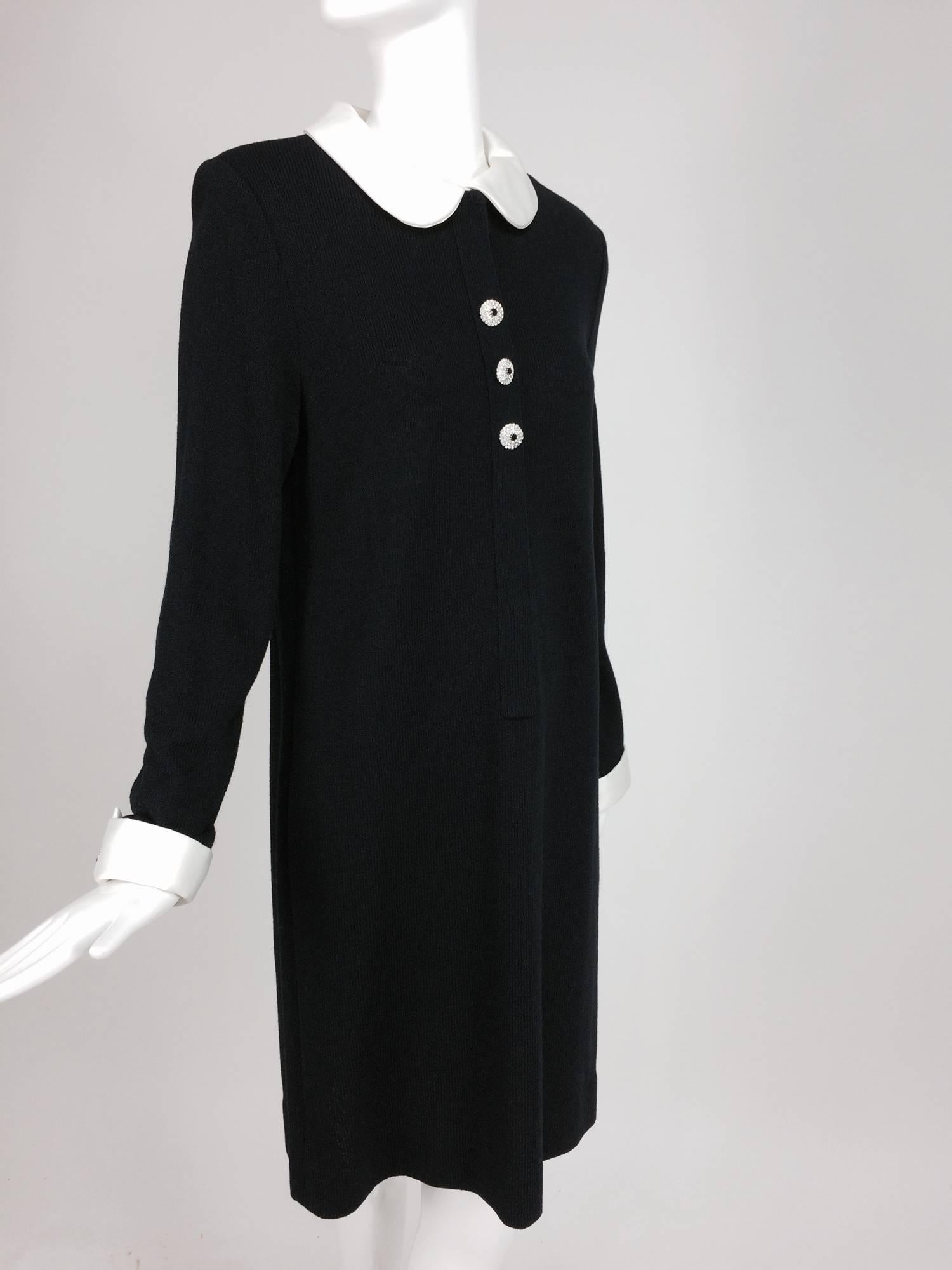 Adolfo black knit A line dress with white satin collar & cuffs 1970s size 12 2