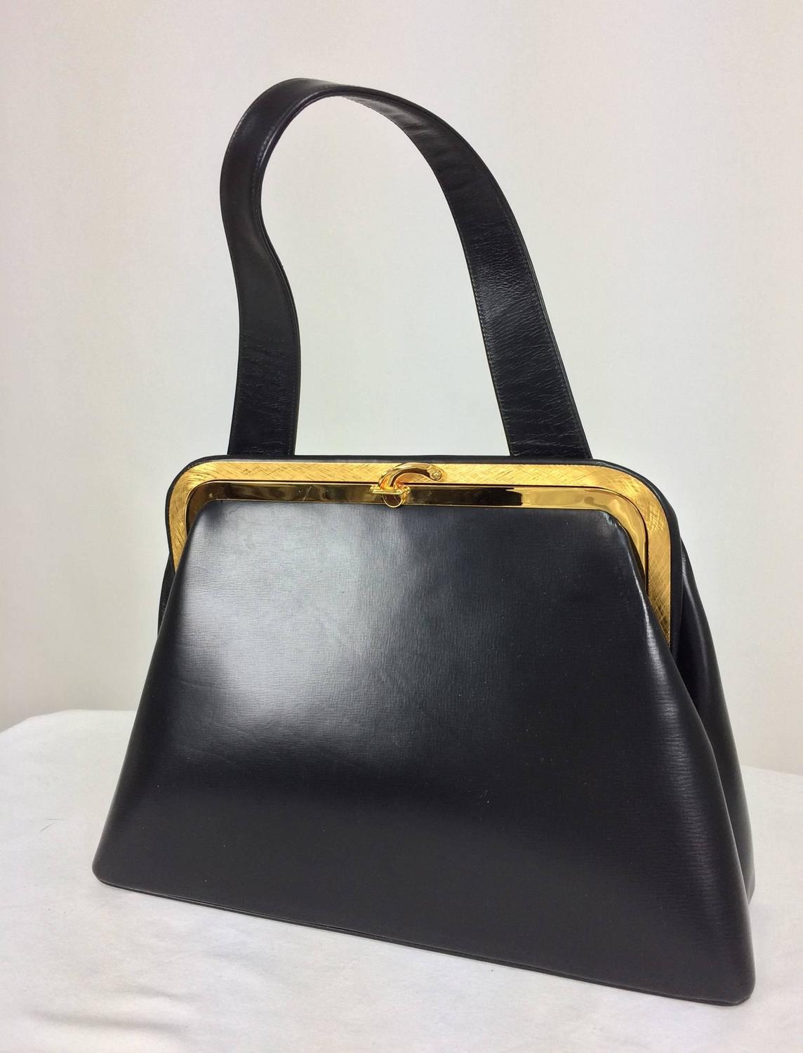 Bienen-Davis black box calf structured handbag with gold hardware 1950s ...