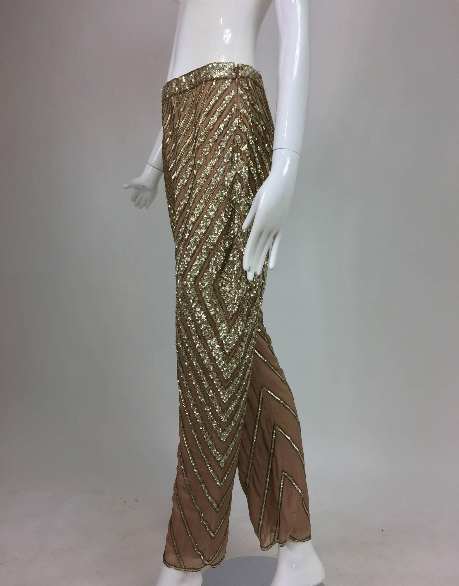 Valentino S/S 2001 nude silk chiffon gold bead silver sequin trouser look number 57...These gorgeous trousers sit just below the natural waistline...Tapered leg...Double lined in silk chiffon...Sequin waist band...Closes at the side with a zipper
