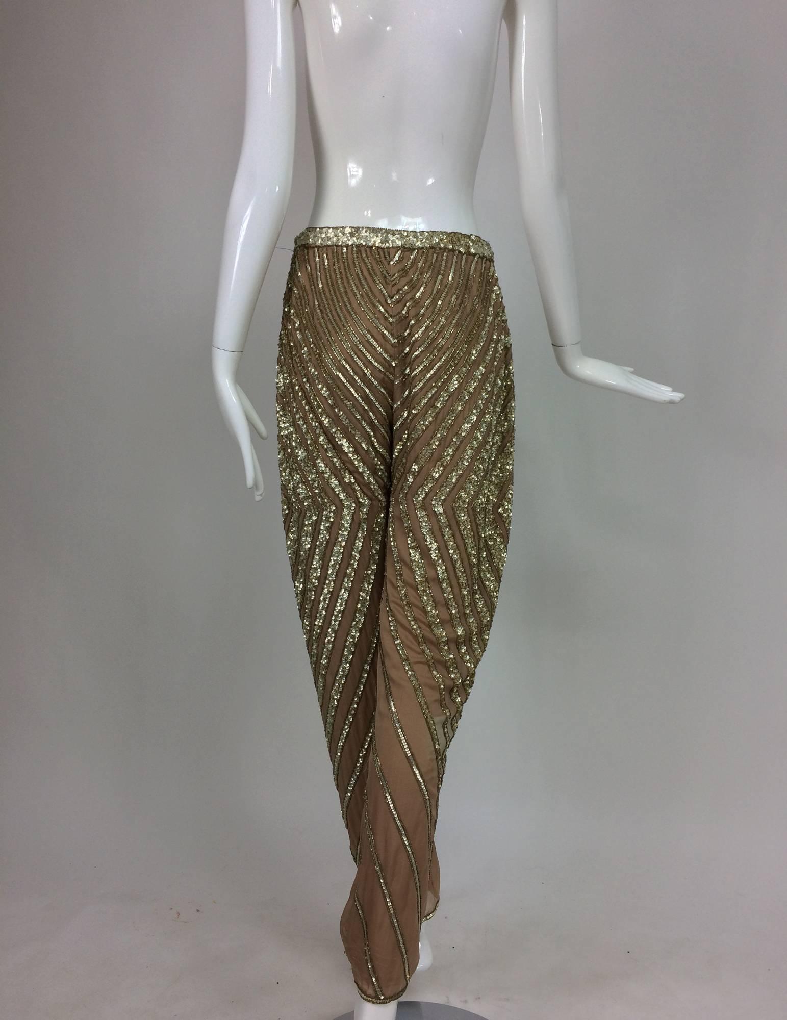 Valentino S/S 2001 nude silk chiffon gold bead silver sequin trouser look 57 In Excellent Condition In West Palm Beach, FL