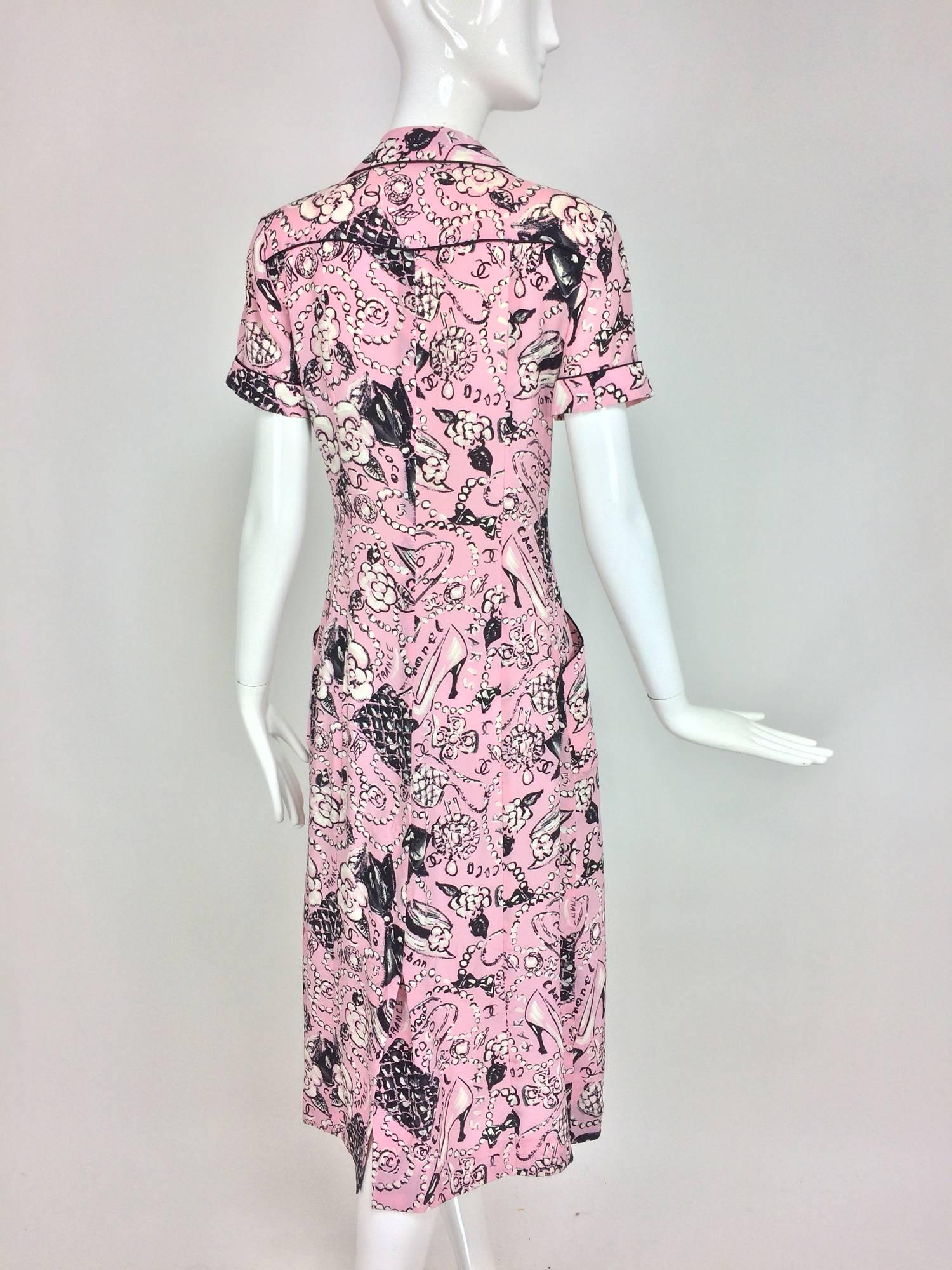 Gray Chanel Claudia Schiffer runway worn rare Coco print dress pink silk 1993