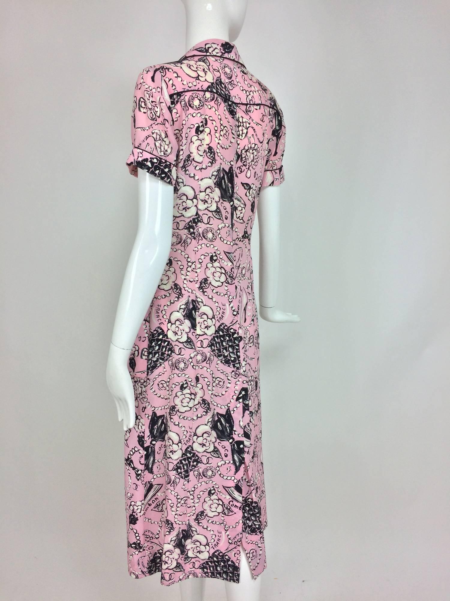 Women's Chanel Claudia Schiffer runway worn rare Coco print dress pink silk 1993