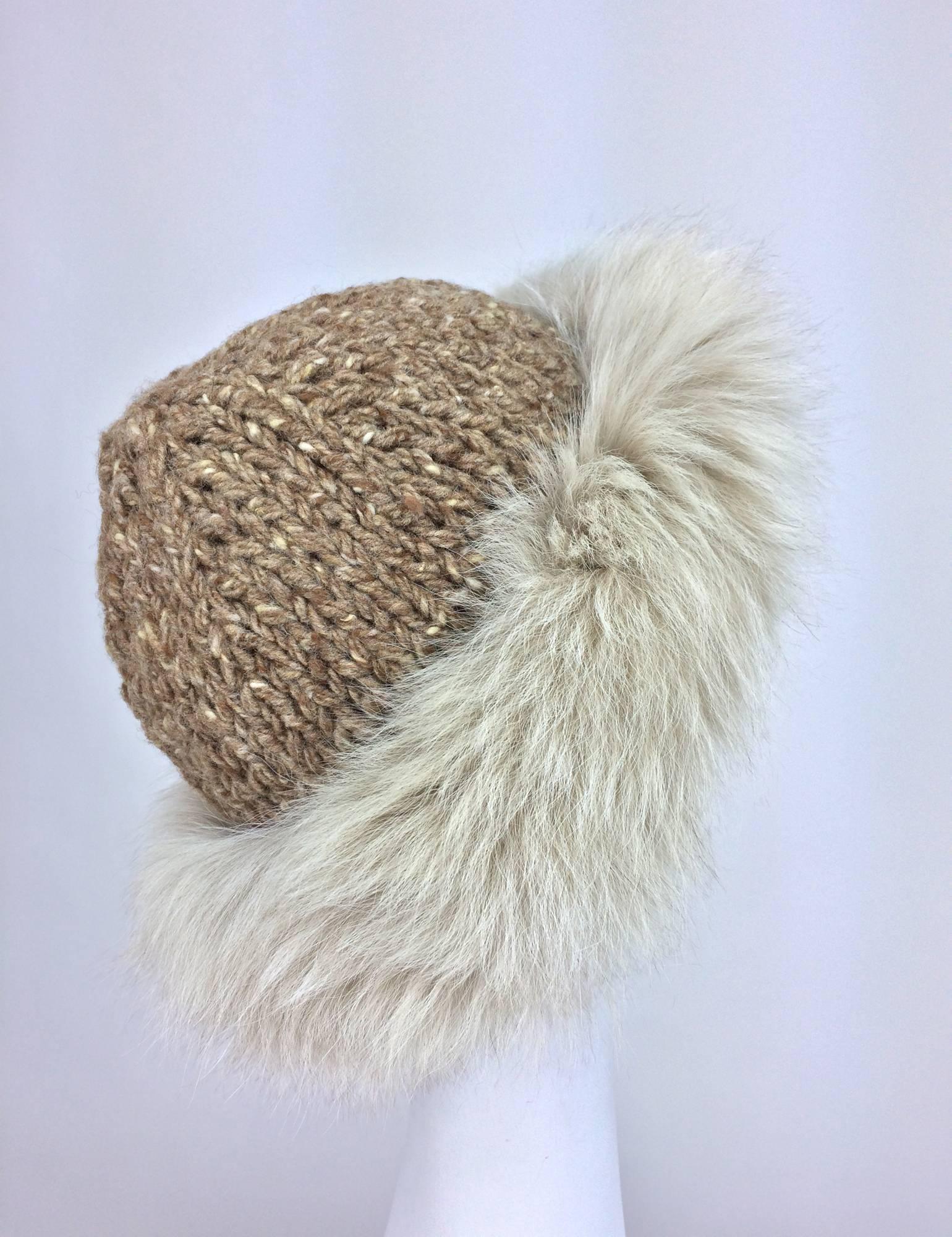 Lillie Rubin Fox fur and cocoa tweed knit hat 1970s unworn In Excellent Condition In West Palm Beach, FL