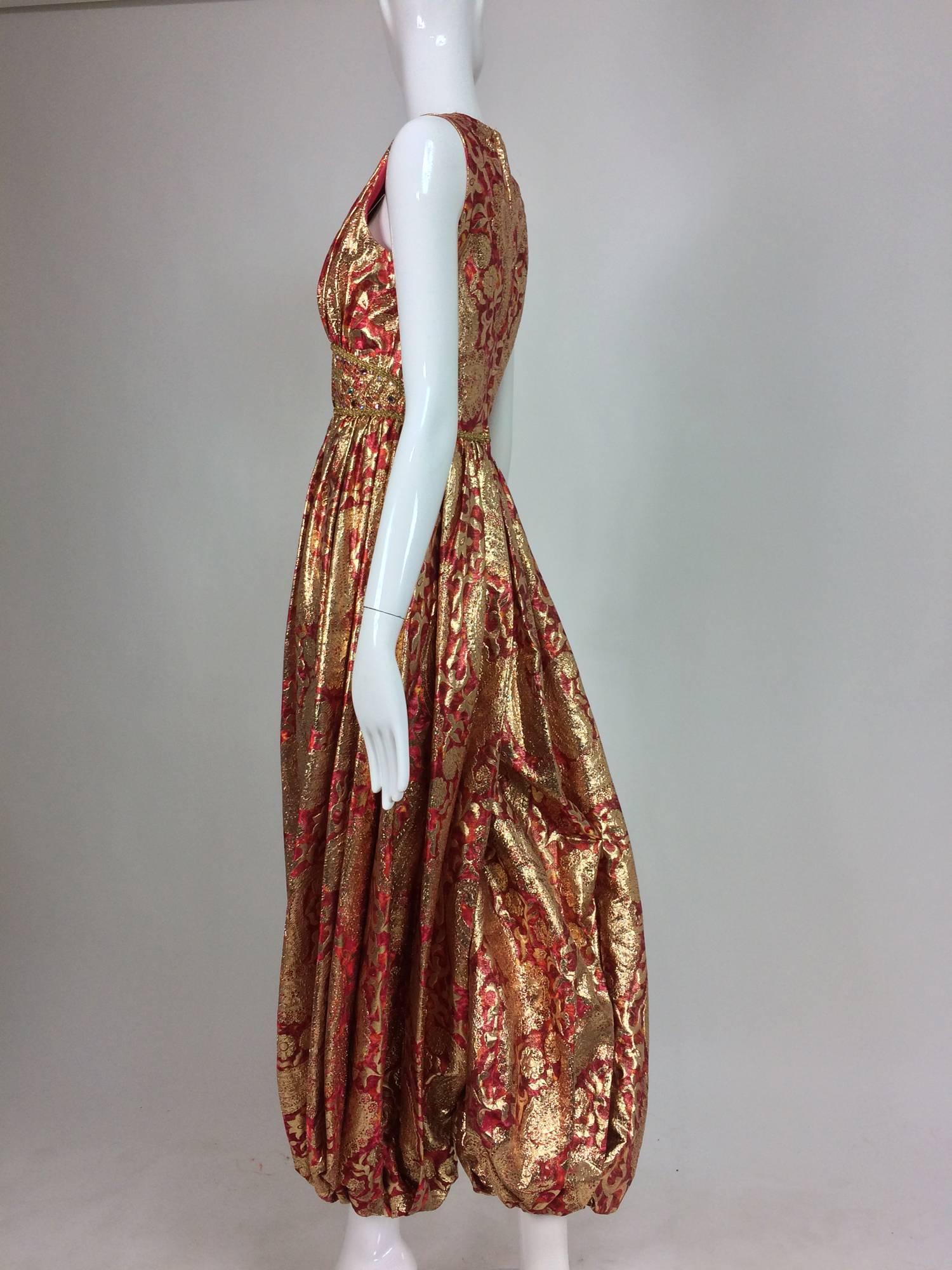 Malcolm Starr jeweled coral and gold metallic lame harem jumpsuit 1970s In Excellent Condition In West Palm Beach, FL