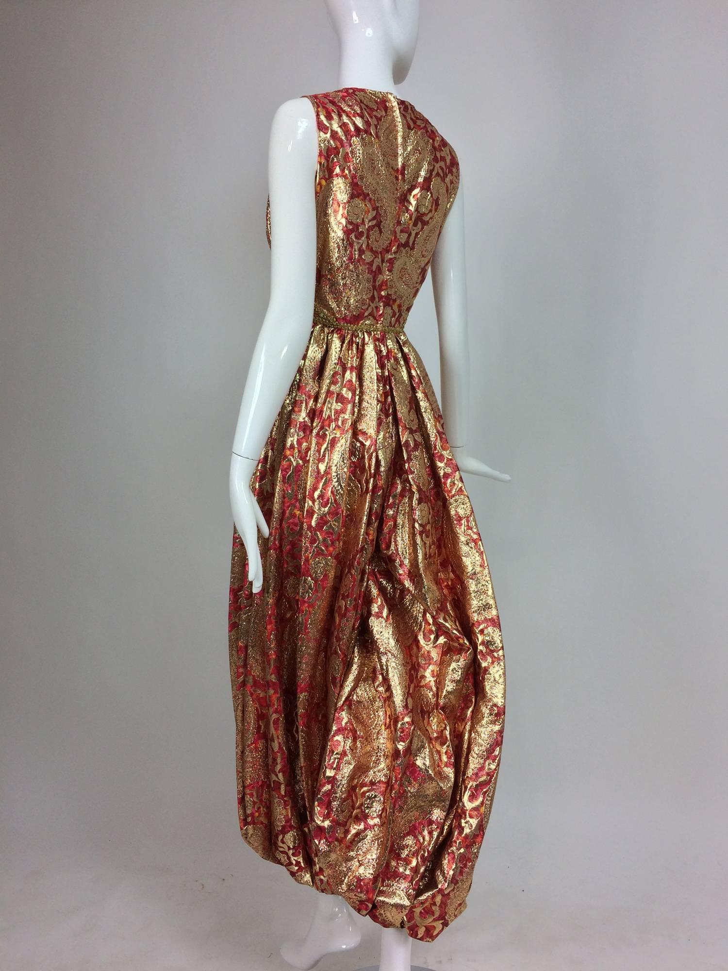 Women's Malcolm Starr jeweled coral and gold metallic lame harem jumpsuit 1970s
