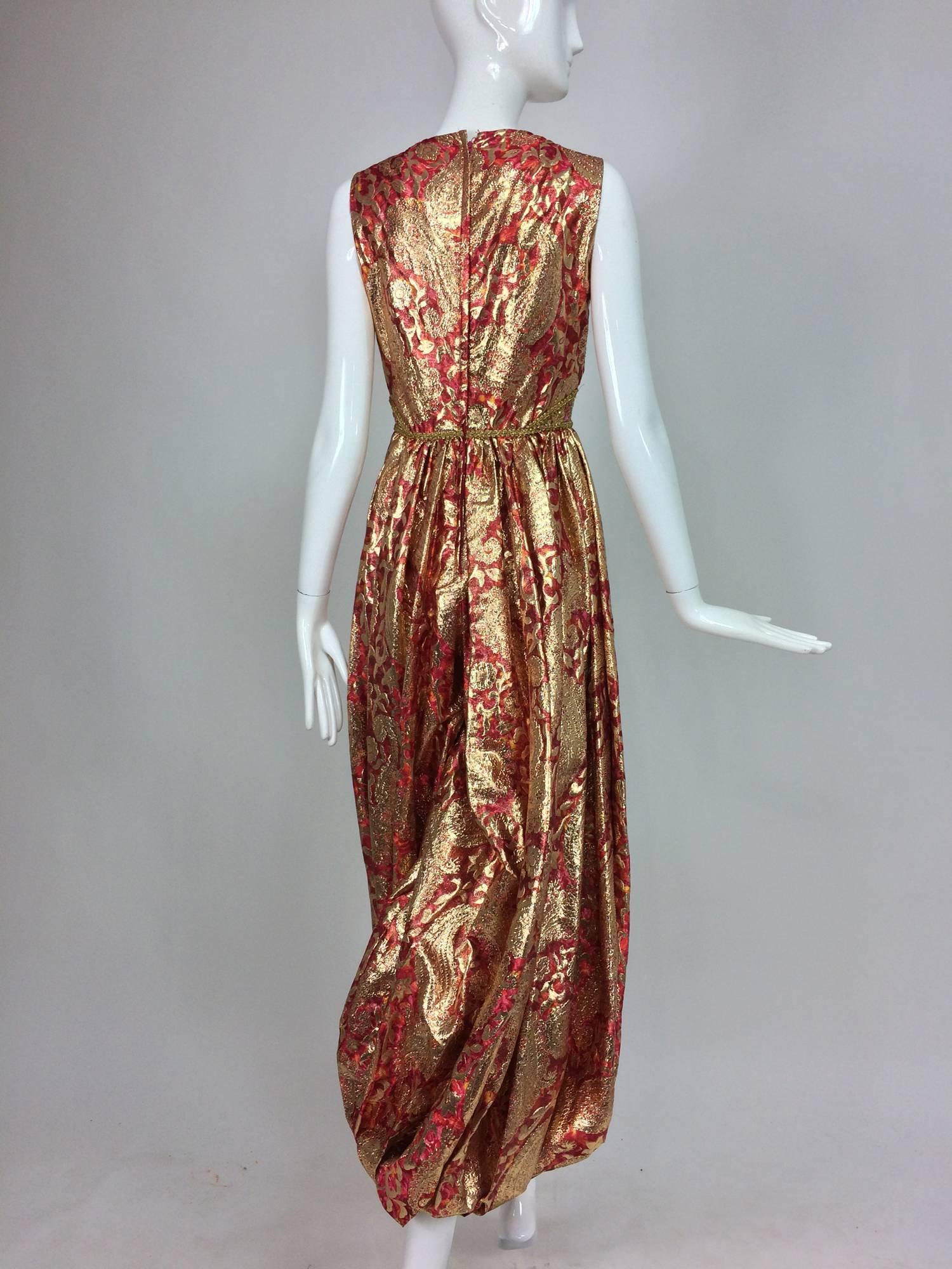 Malcolm Starr jeweled coral and gold metallic lame harem jumpsuit 1970s 1