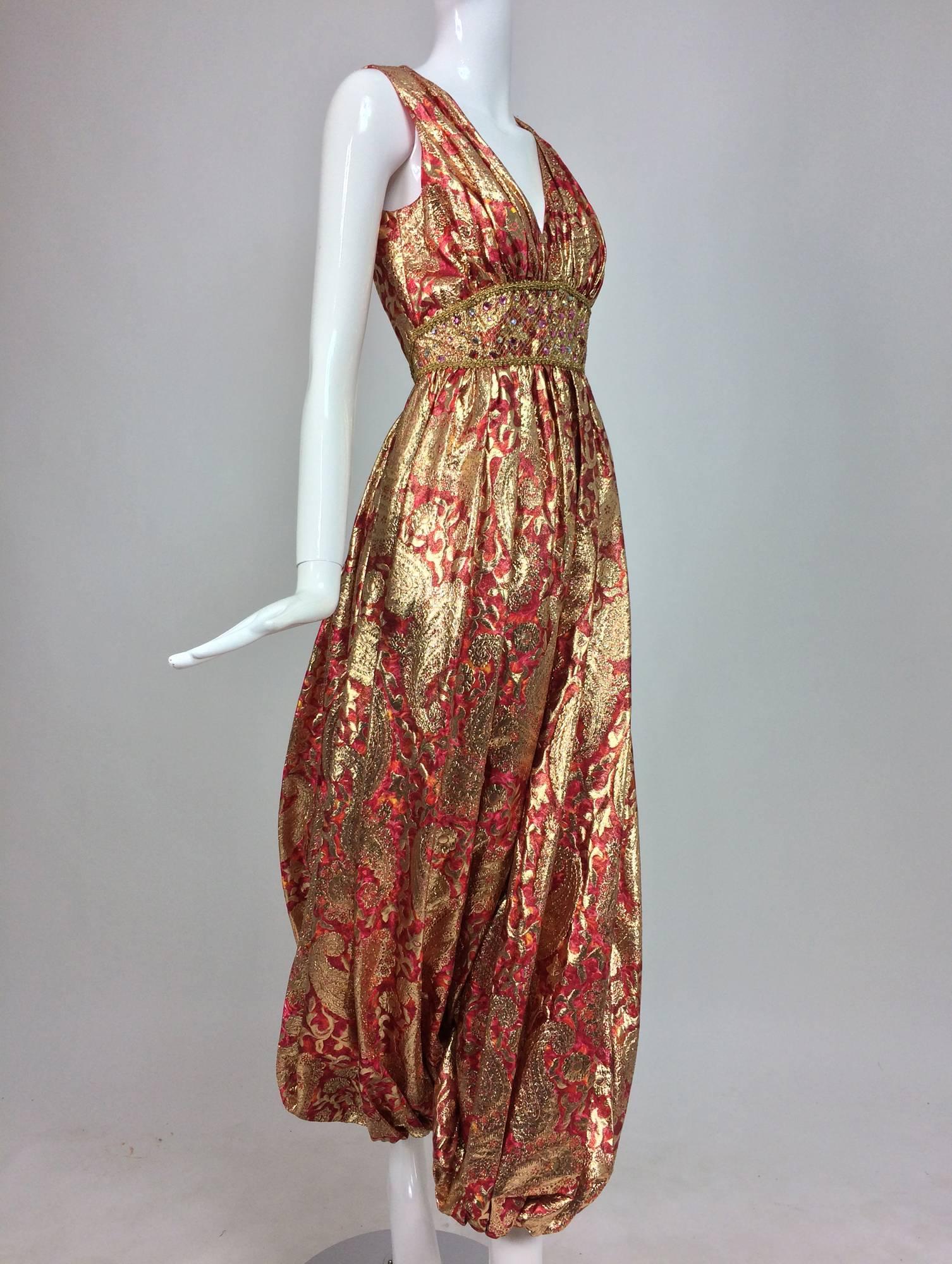 Malcolm Starr jeweled coral and gold metallic lame harem jumpsuit 1970s 2