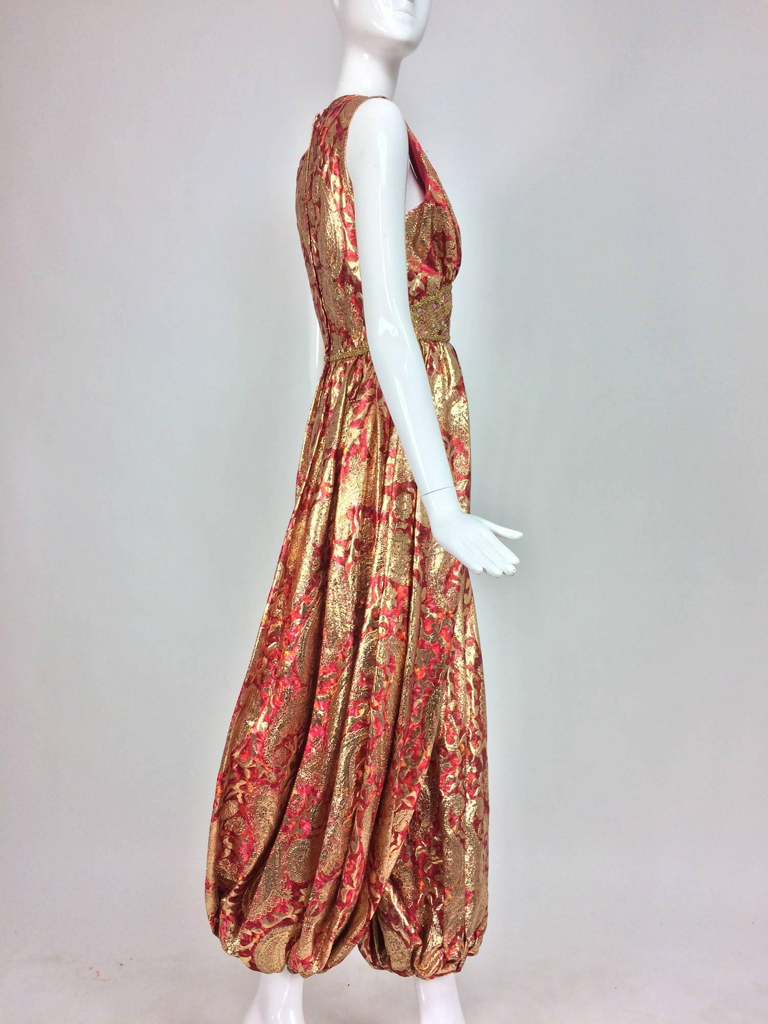 Malcolm Starr jeweled coral and gold metallic lame harem jumpsuit 1970s 3