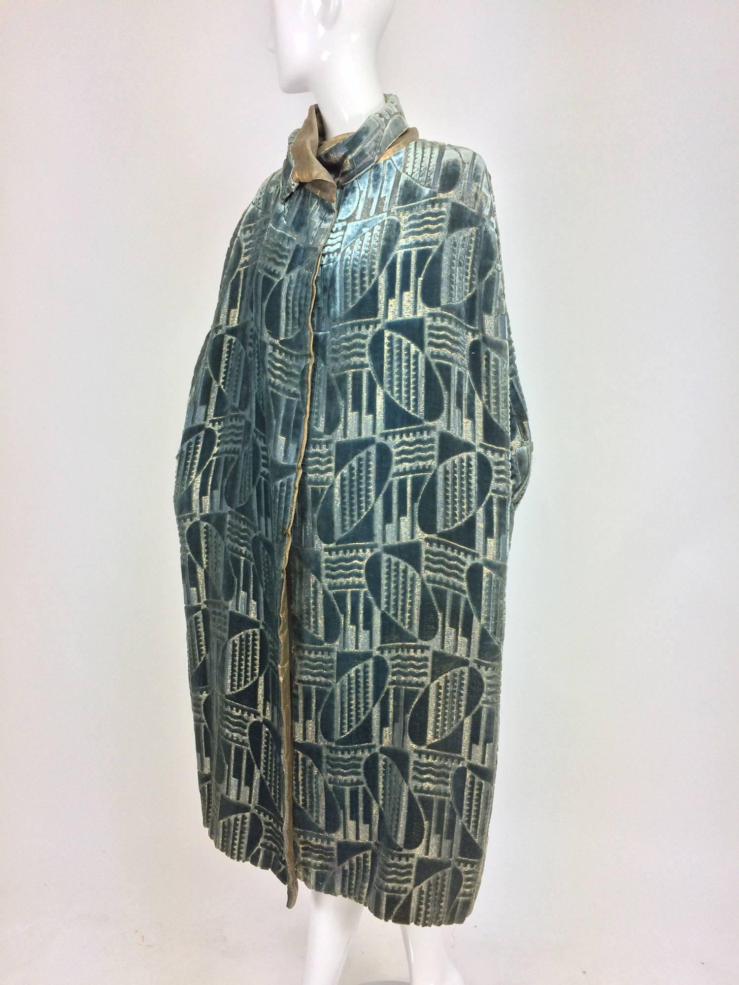 Art Deco Louis and Cie Paris teal silk cut velvet gold lame evening ...