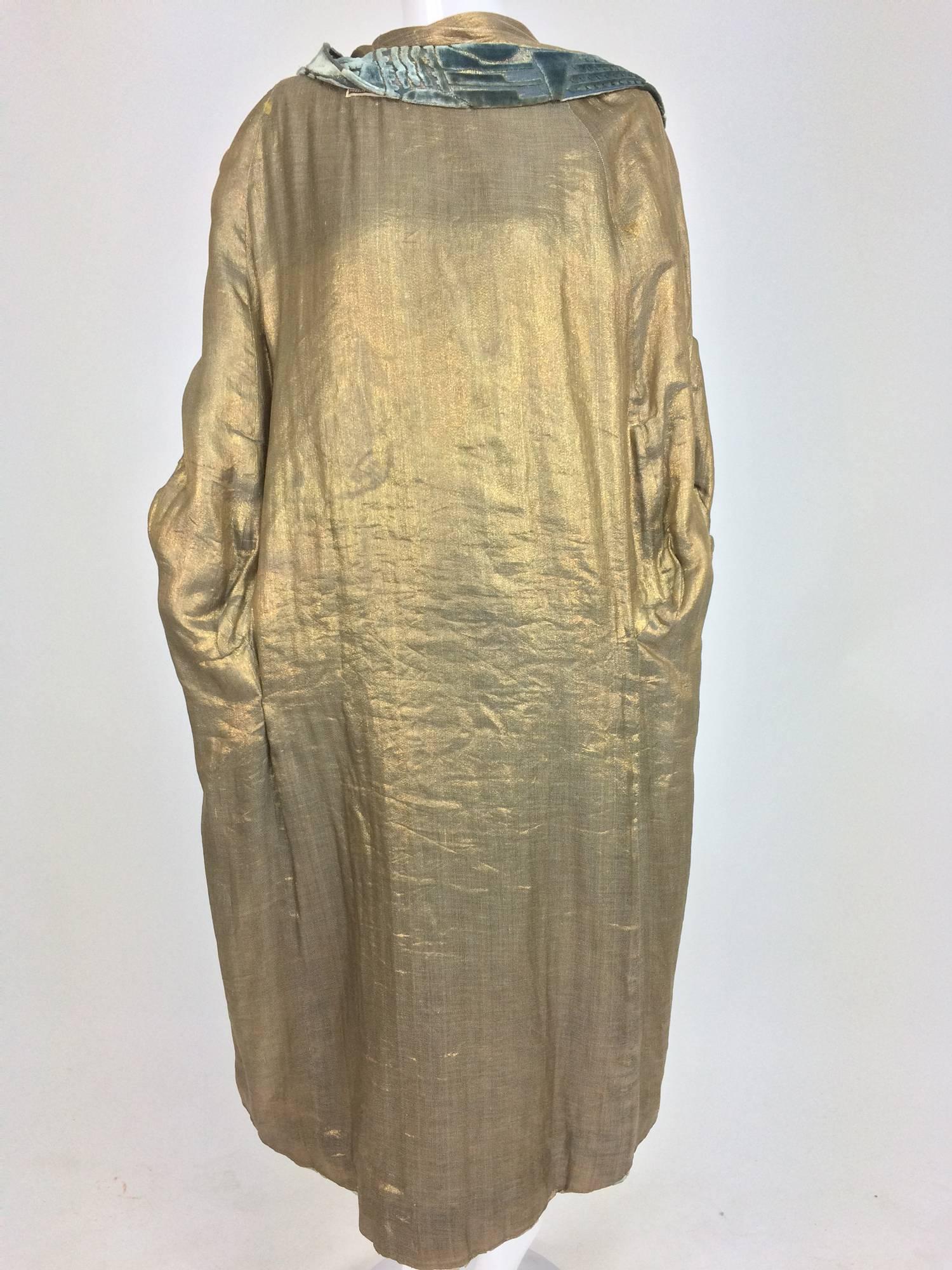Art Deco Louis & Cie  Paris teal silk cut velvet gold lame evening cape 1920s 4