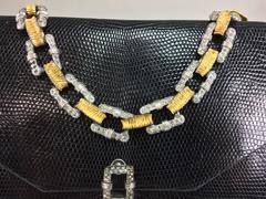 Jacomo glazed black lizard evening bag with silver & gold chain handle 1960s